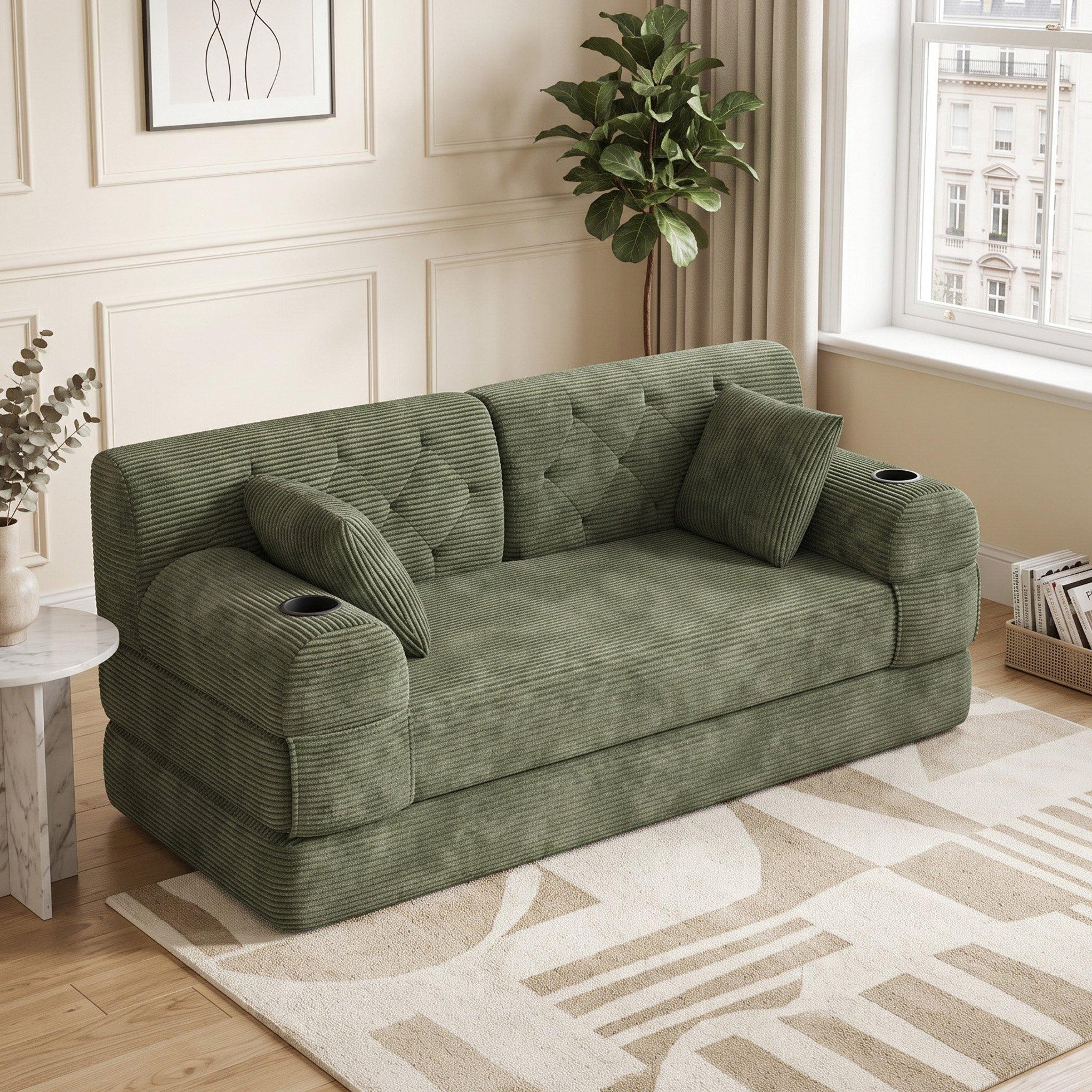 Green - Urban Meuble - Corduroy Convertible Sleeper Sofa - 1