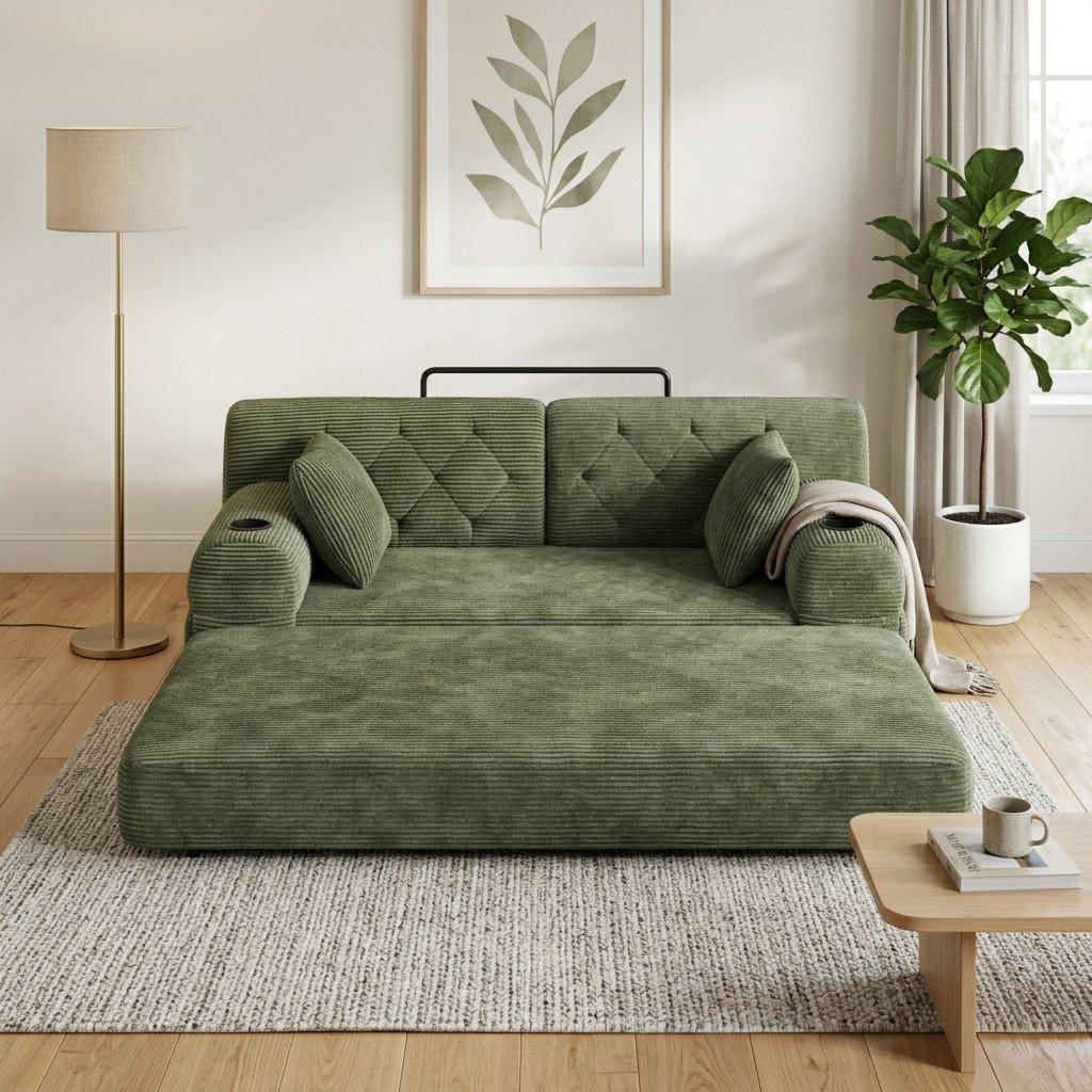 Green - Urban Meuble - Corduroy Convertible Sleeper Sofa - 2