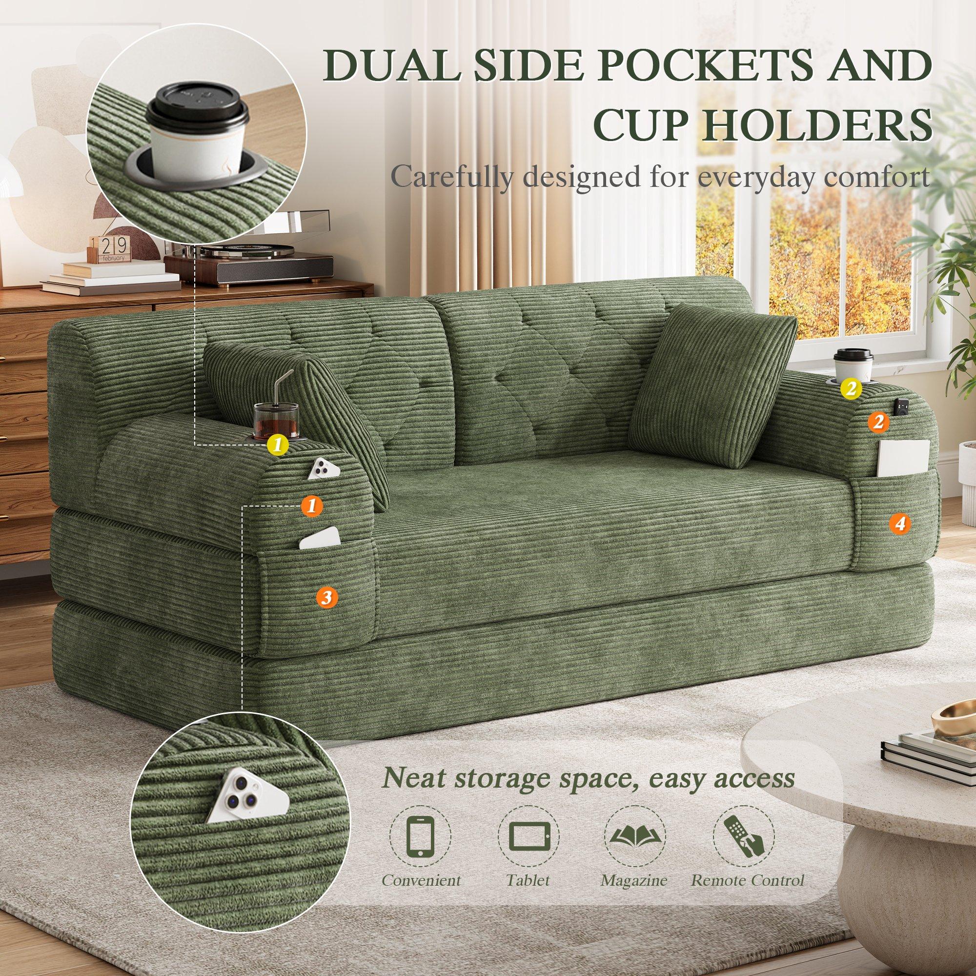 Green - Urban Meuble - Corduroy Convertible Sleeper Sofa - 11