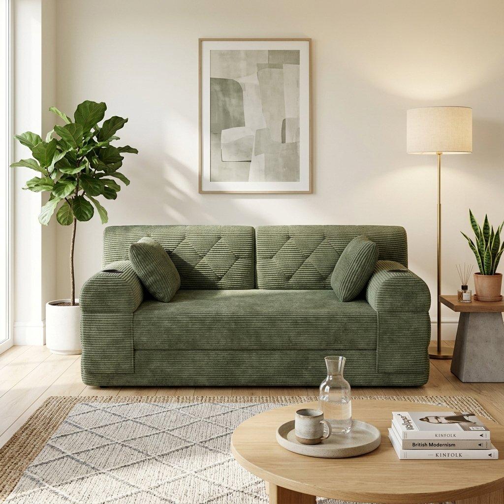 Green - Urban Meuble - Corduroy Convertible Sleeper Sofa - 3