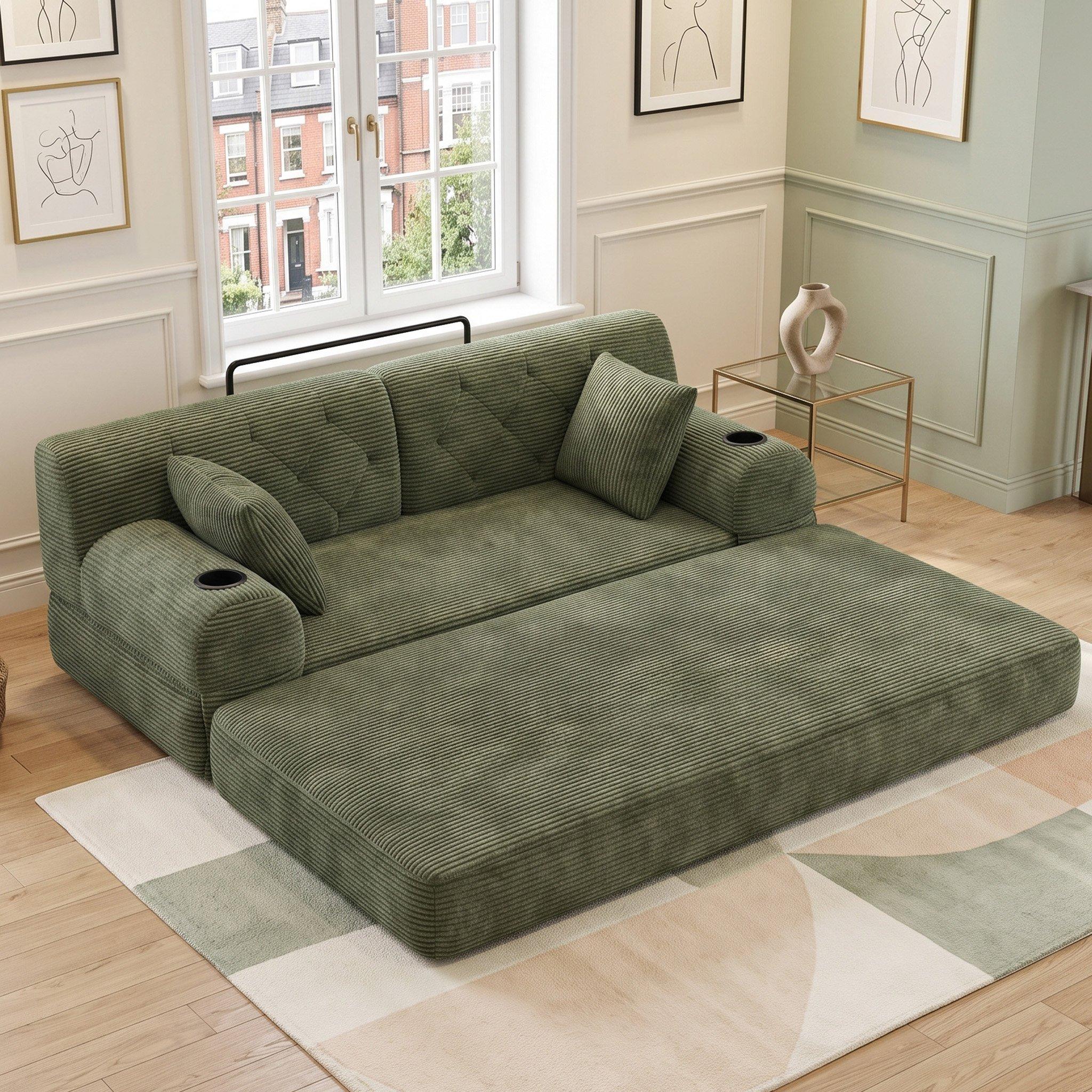 Green - Urban Meuble - Corduroy Convertible Sleeper Sofa - 4