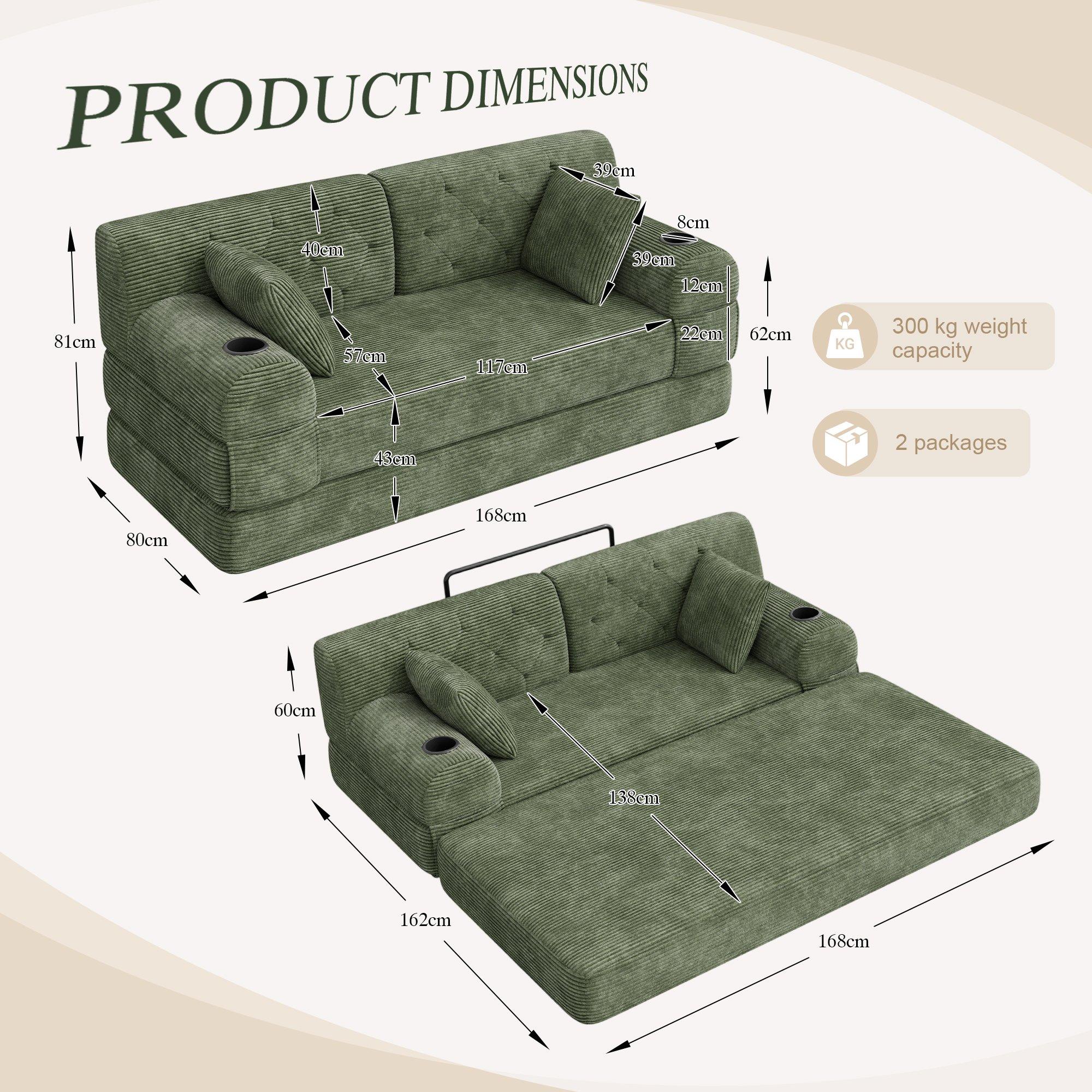 Green - Urban Meuble - Corduroy Convertible Sleeper Sofa - 6