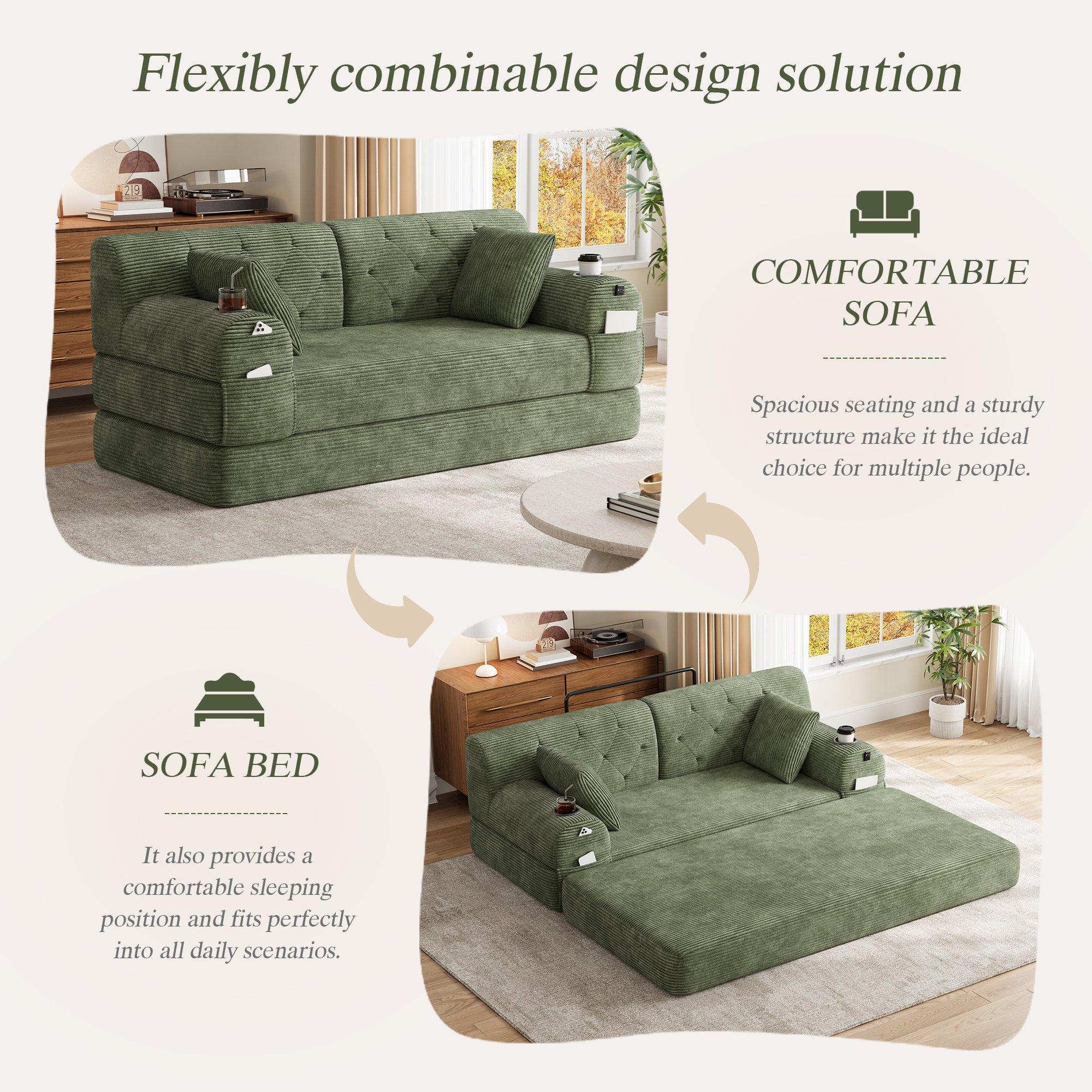 Green - Urban Meuble - Corduroy Convertible Sleeper Sofa - 7