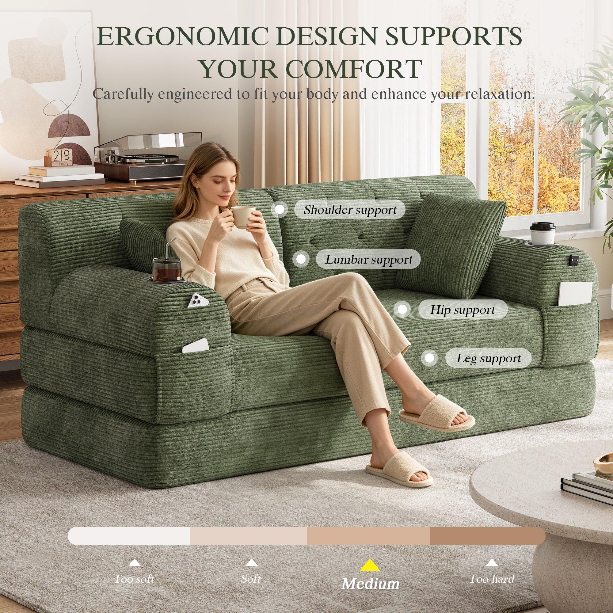 Green - Urban Meuble - Corduroy Convertible Sleeper Sofa - 8