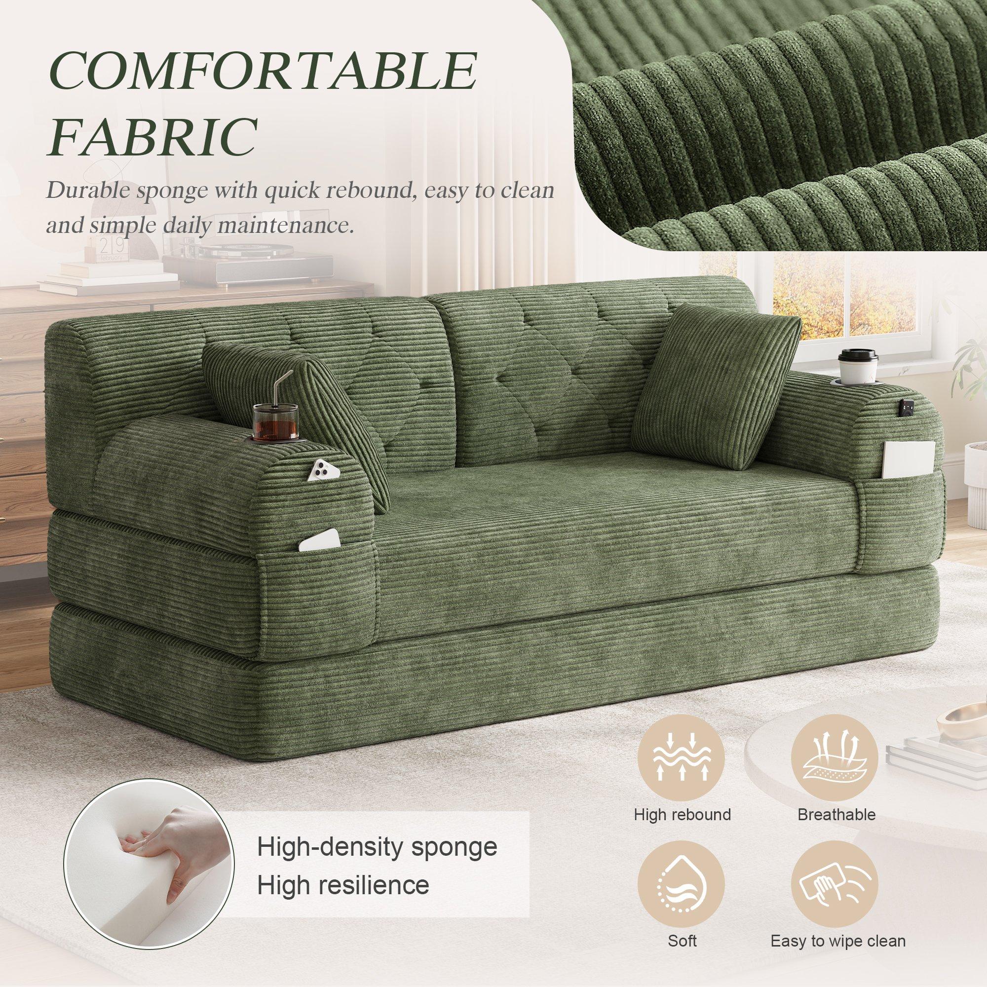 Green - Urban Meuble - Corduroy Convertible Sleeper Sofa - 9