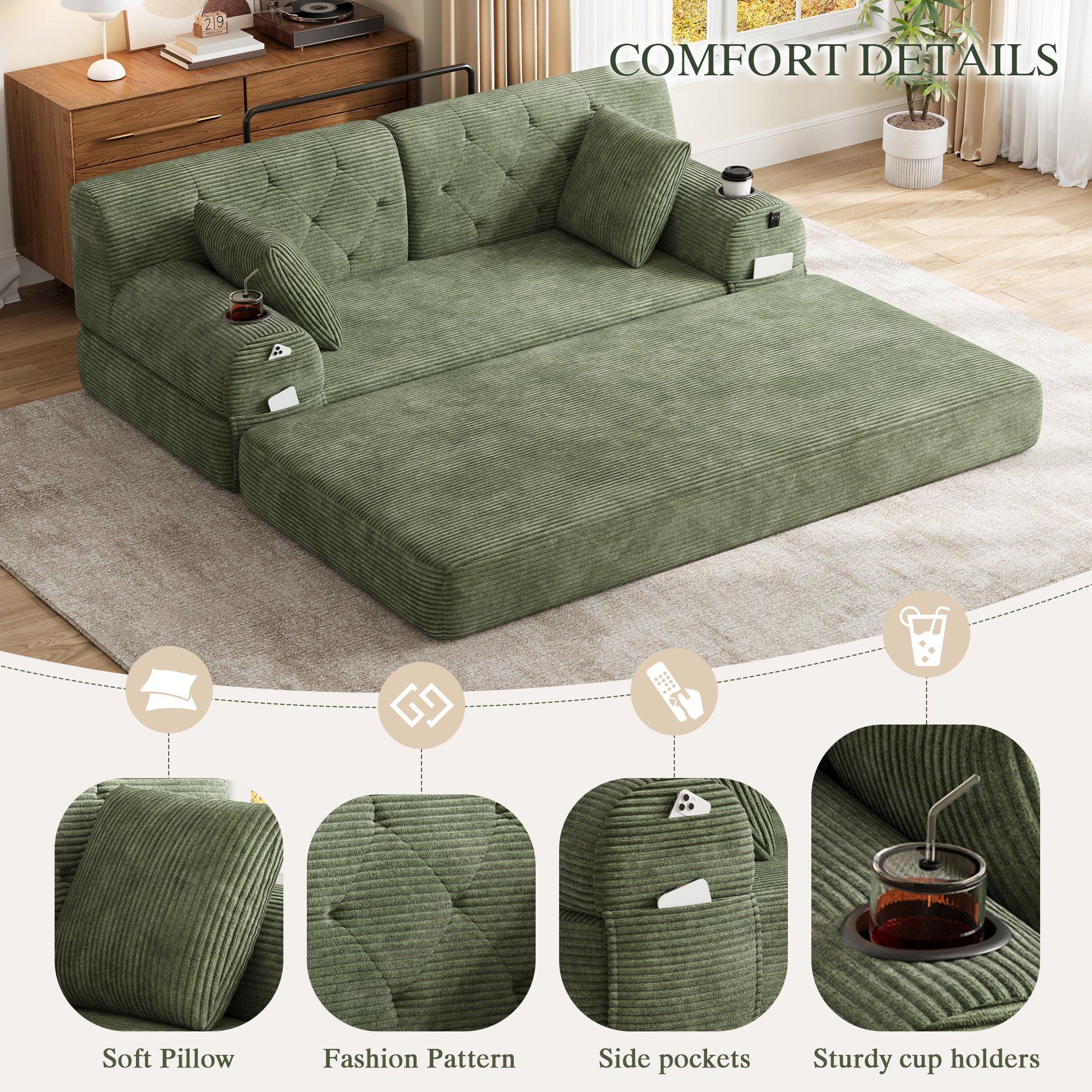 Green - Urban Meuble - Corduroy Convertible Sleeper Sofa - 10