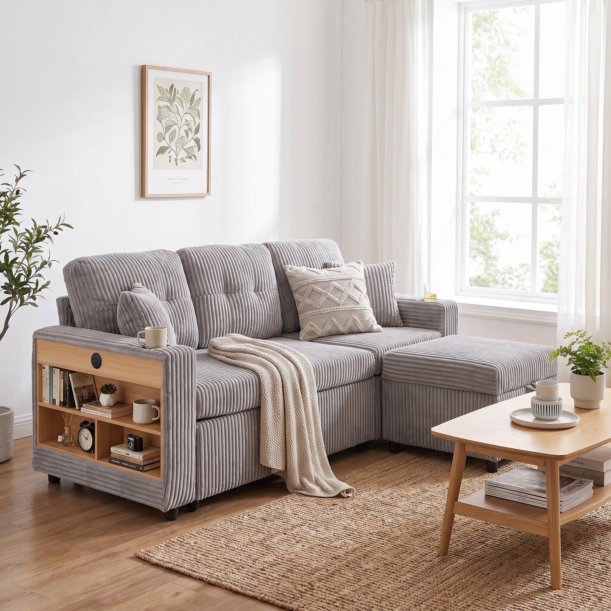 Light Gray - Urban Meuble - Multifunctional Corduroy Sleeper Sofa - 1