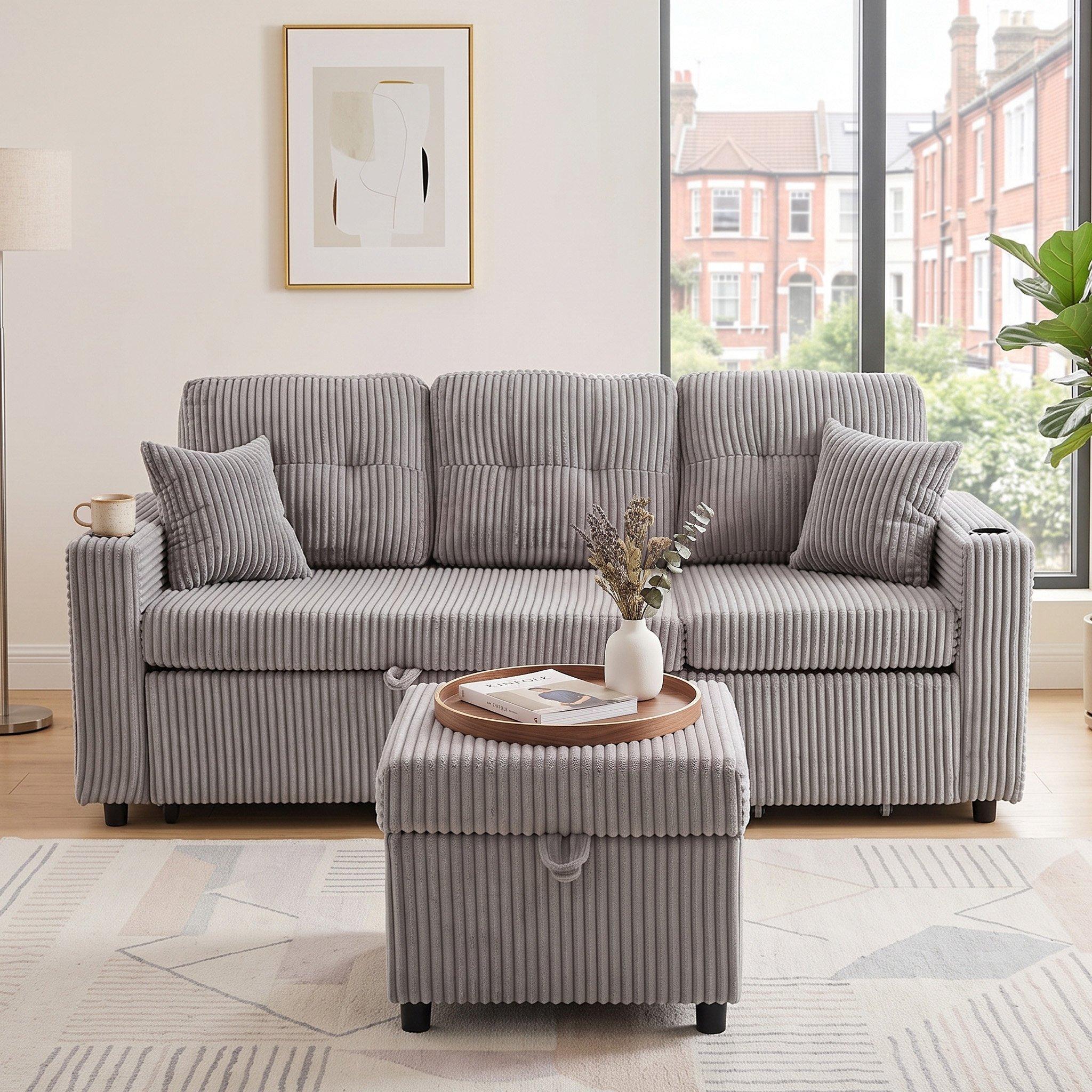Light Gray - Urban Meuble - Multifunctional Corduroy Sleeper Sofa - 2