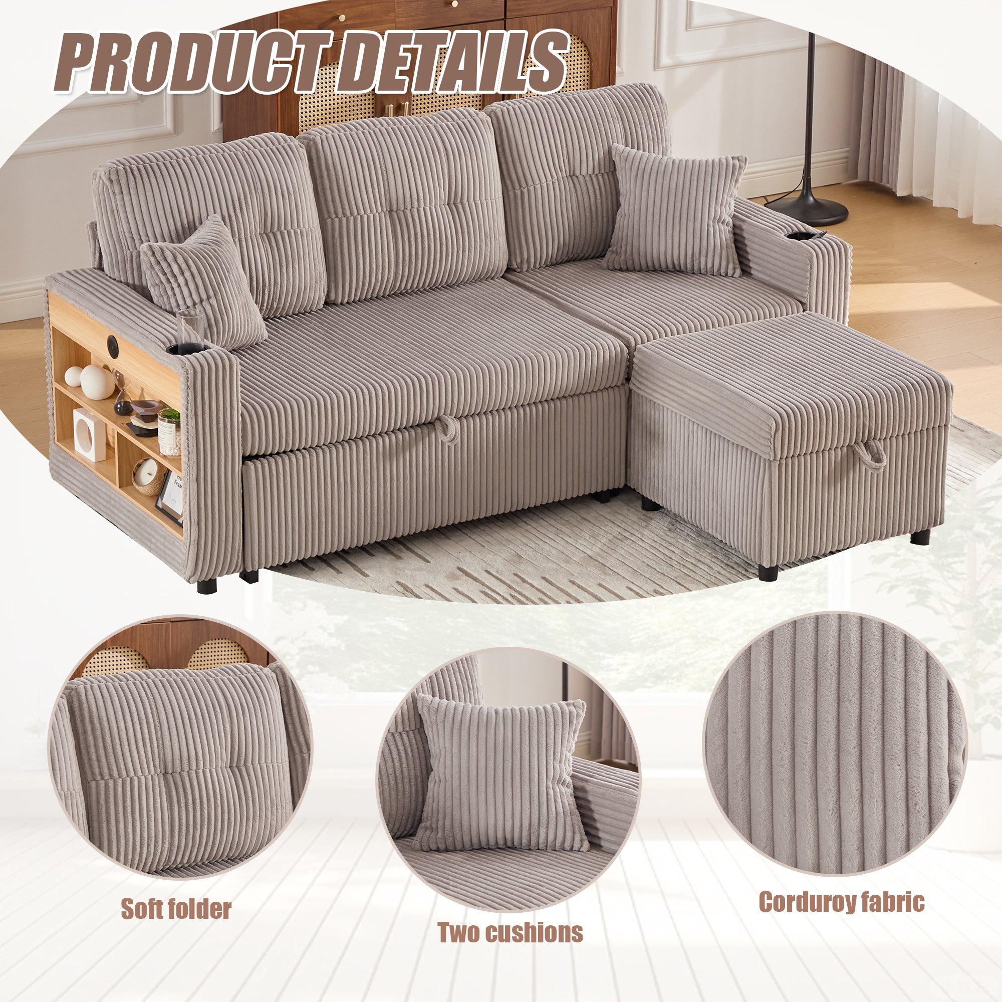 Light Gray - Urban Meuble - Multifunctional Corduroy Sleeper Sofa - 11