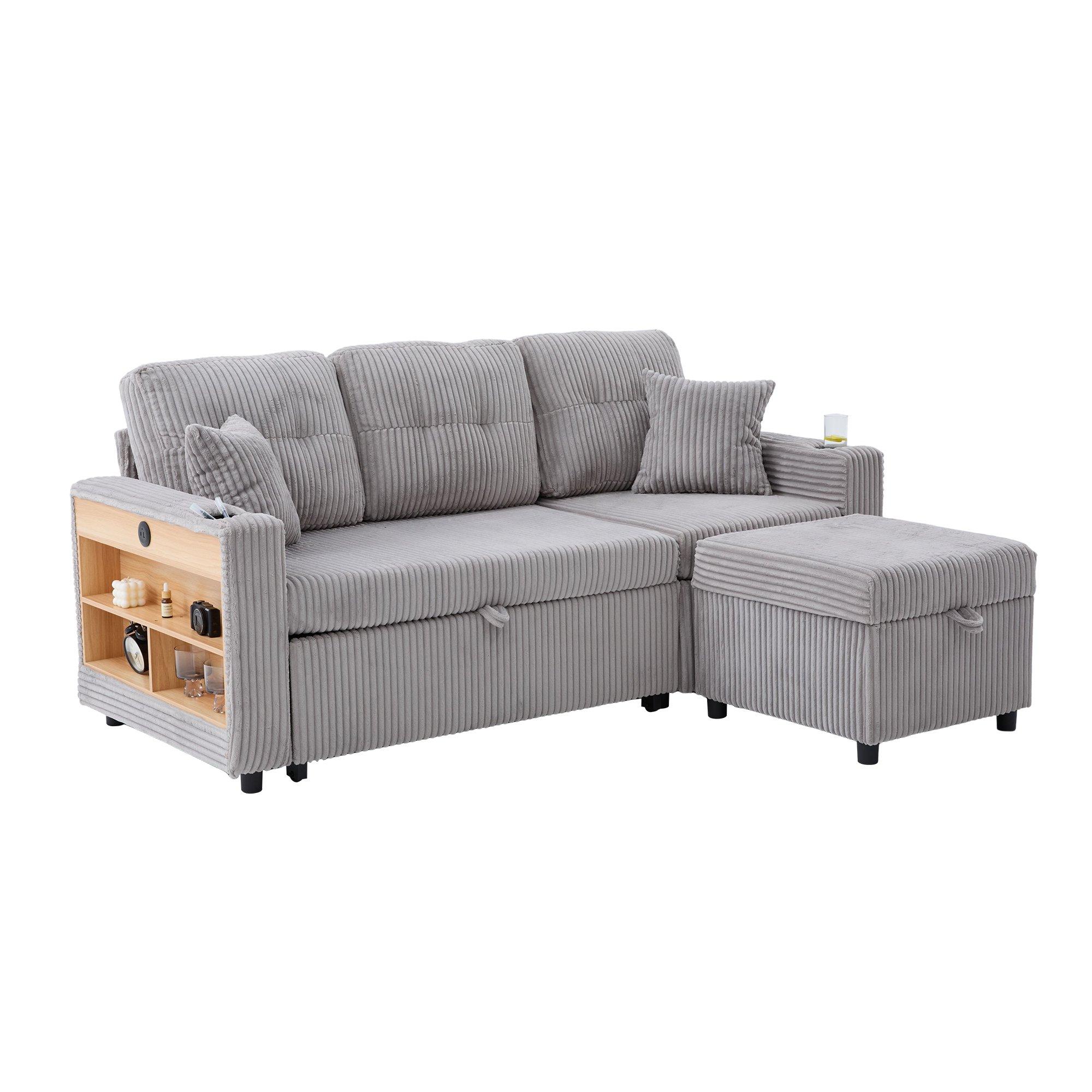 Light Gray - Urban Meuble - Multifunctional Corduroy Sleeper Sofa - 14