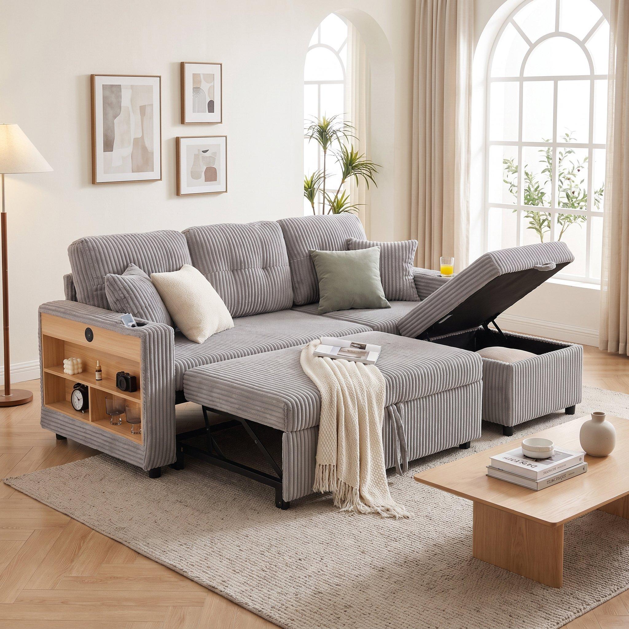 Light Gray - Urban Meuble - Multifunctional Corduroy Sleeper Sofa - 3