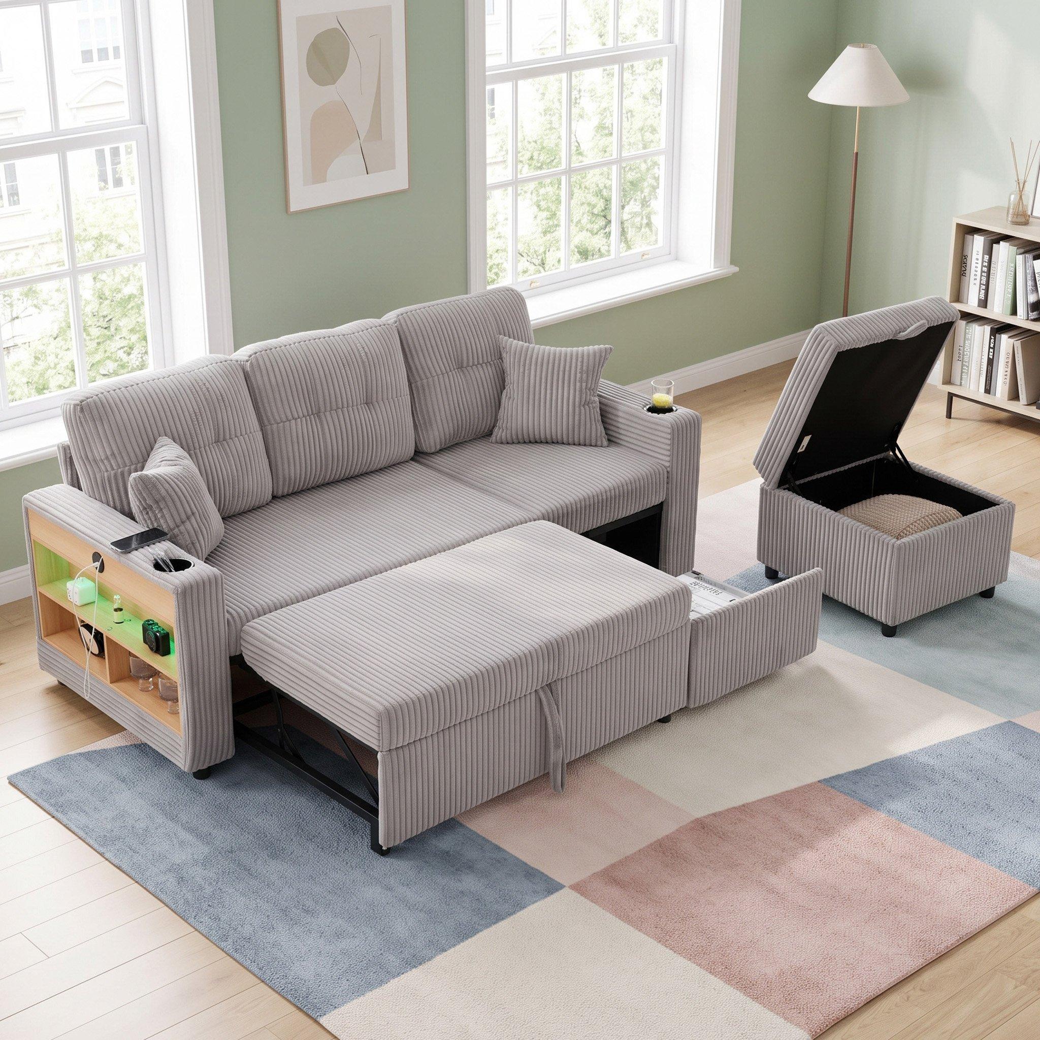 Light Gray - Urban Meuble - Multifunctional Corduroy Sleeper Sofa - 4