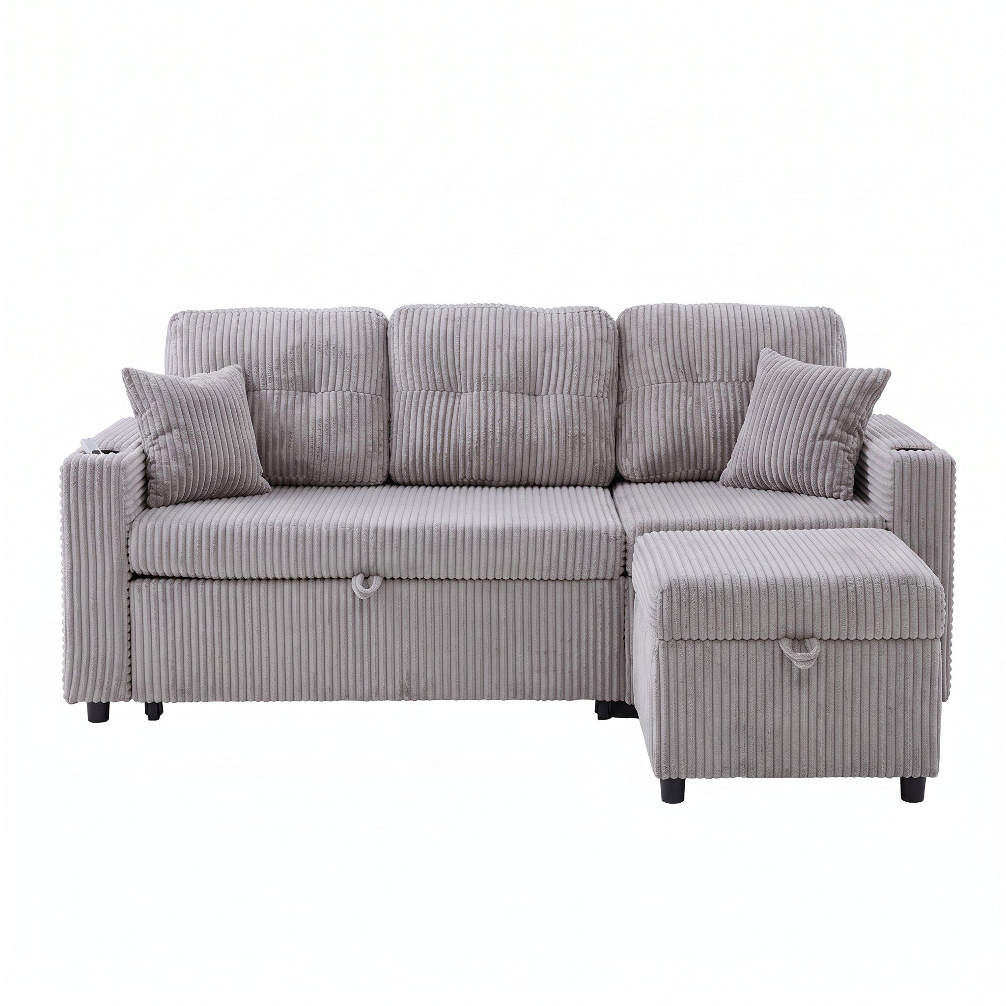 Light Gray - Urban Meuble - Multifunctional Corduroy Sleeper Sofa - 5