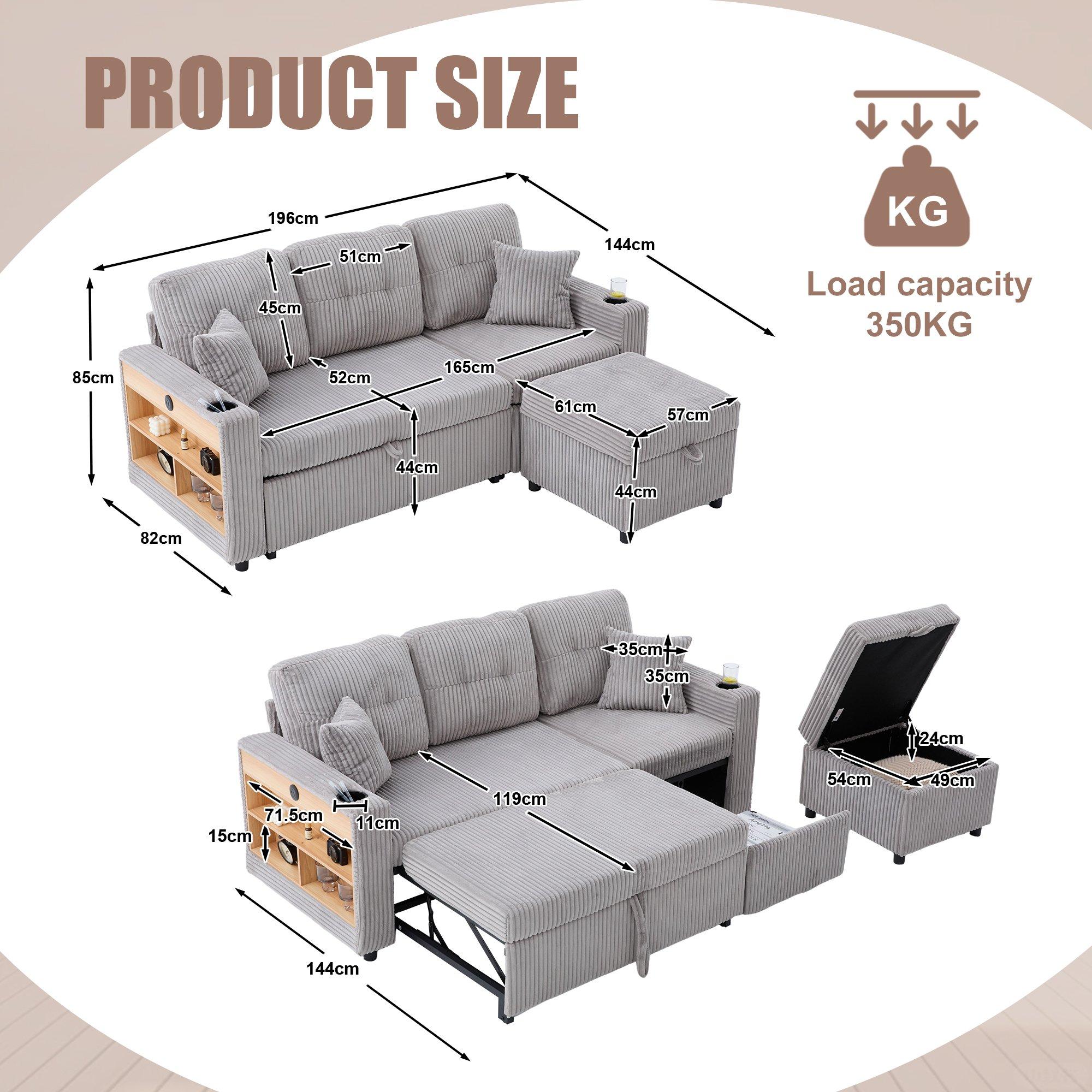 Light Gray - Urban Meuble - Multifunctional Corduroy Sleeper Sofa - 6