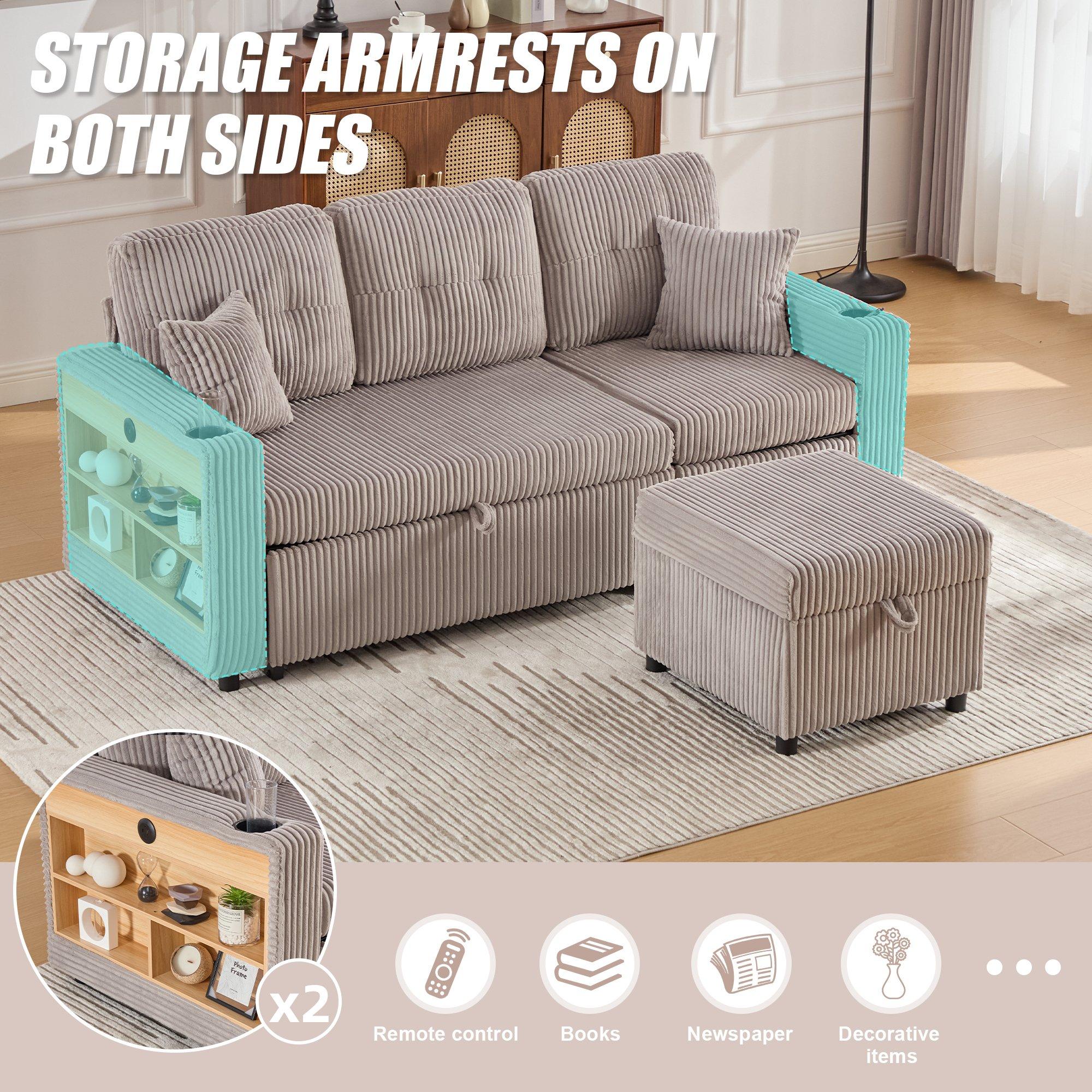 Light Gray - Urban Meuble - Multifunctional Corduroy Sleeper Sofa - 9