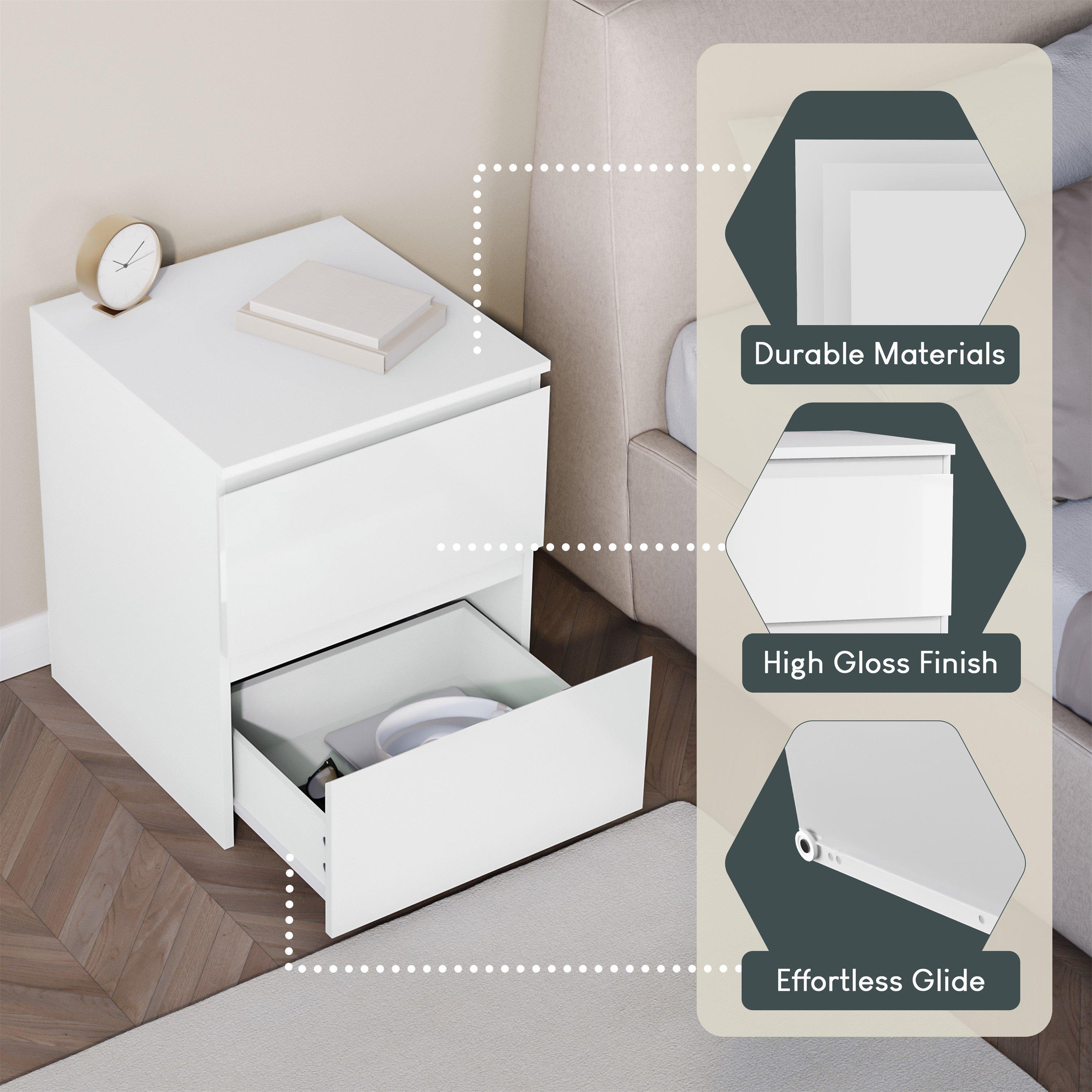 White - Lassic - Glinton High Gloss 2 Drawer Bedside Table Chest - 7