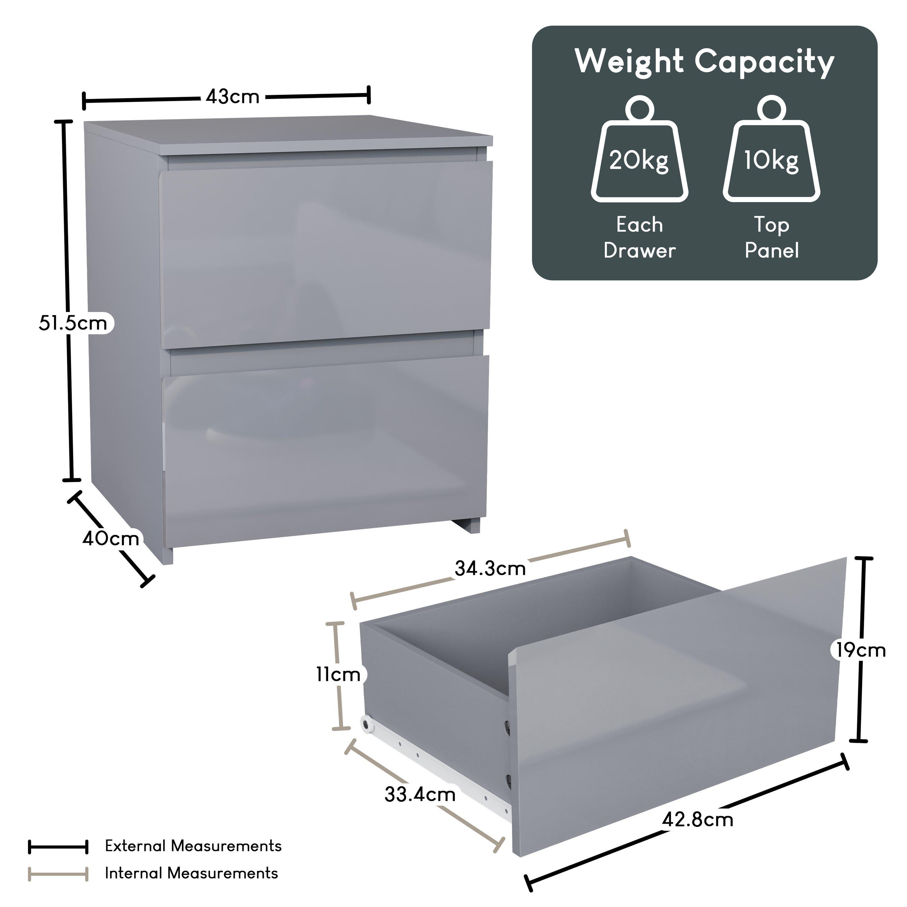 Grey - Lassic - Glinton High Gloss 2 Drawer Bedside Table Chest - 2
