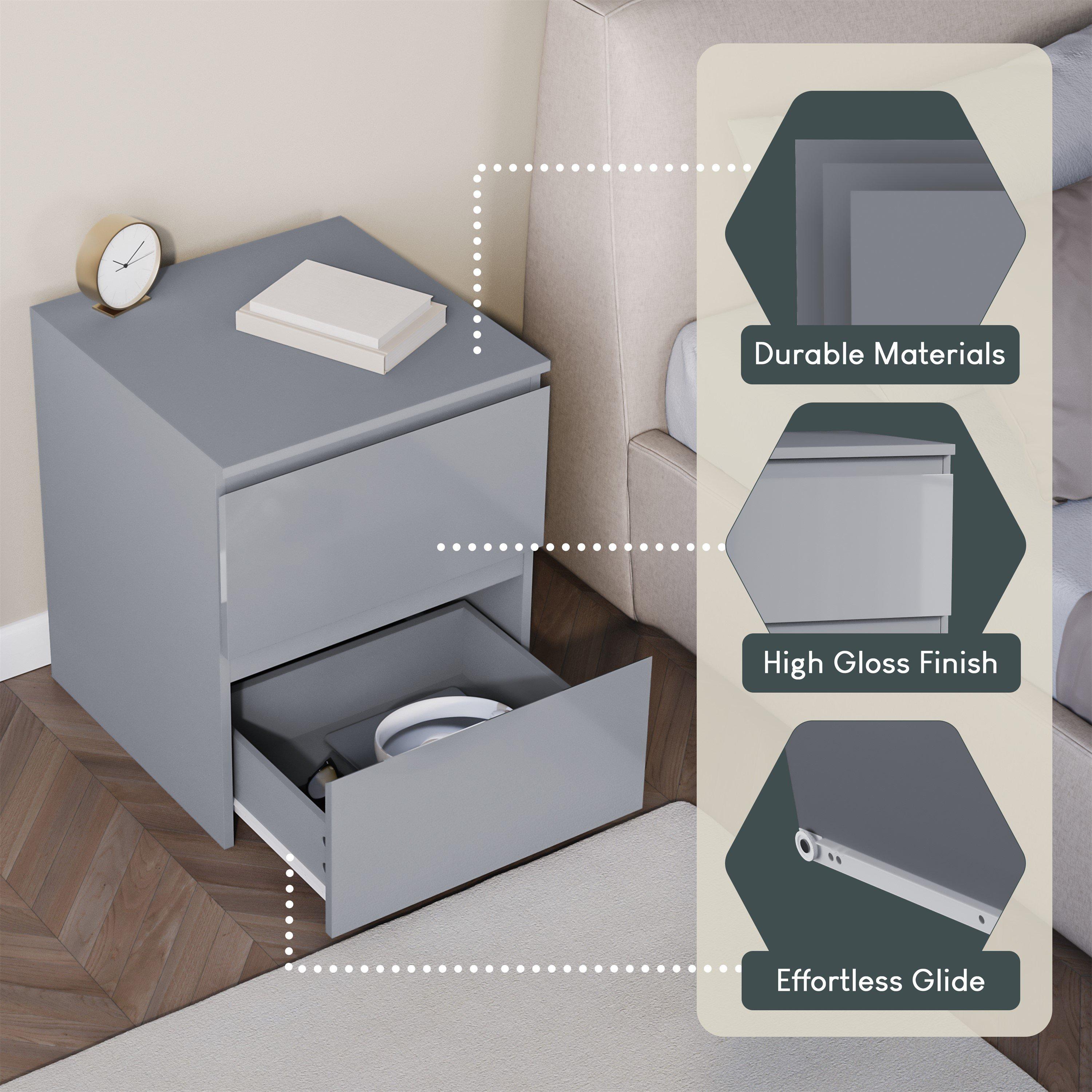 Grey - Lassic - Glinton High Gloss 2 Drawer Bedside Table Chest - 7