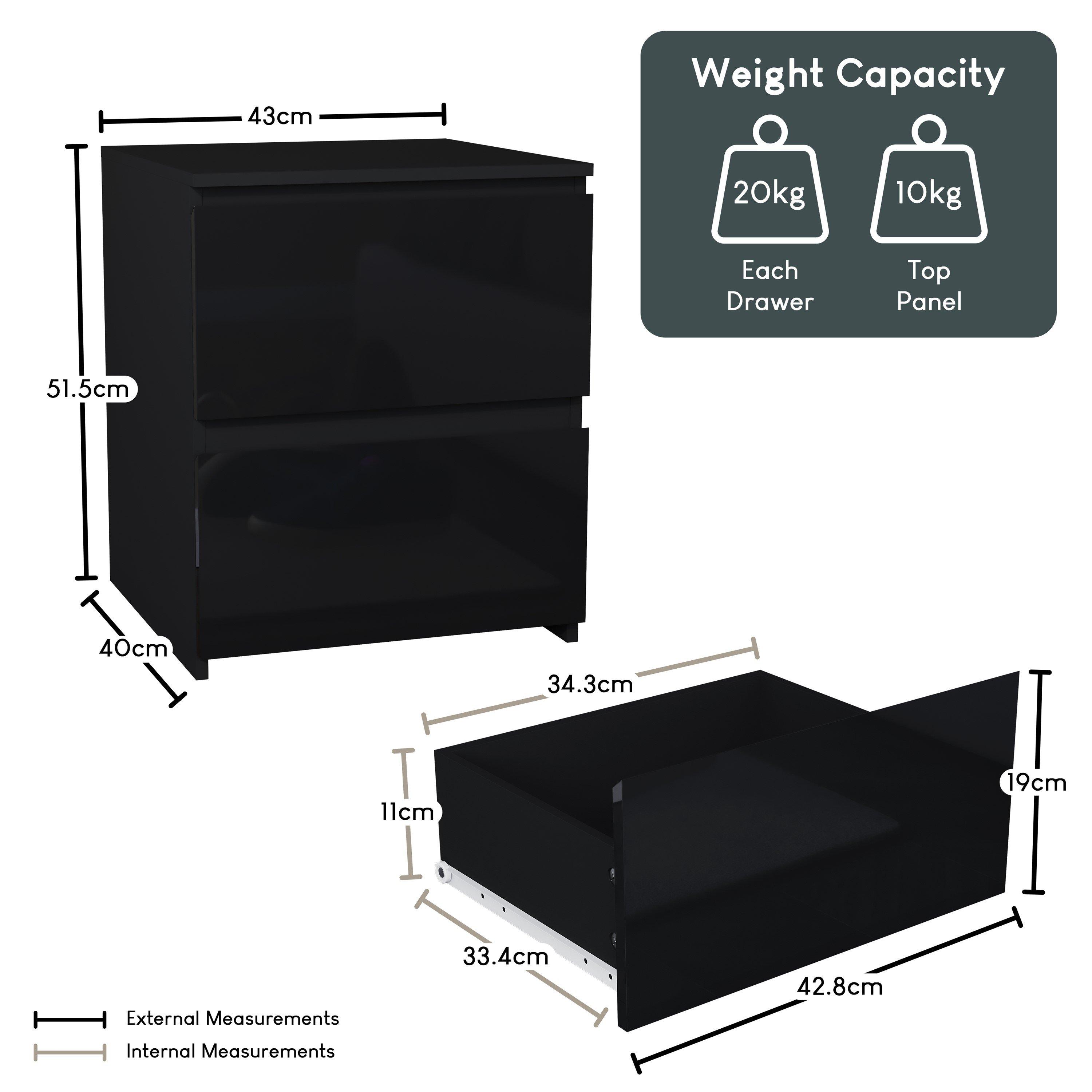 Black - Lassic - Glinton High Gloss 2 Drawer Bedside Table Chest - 2