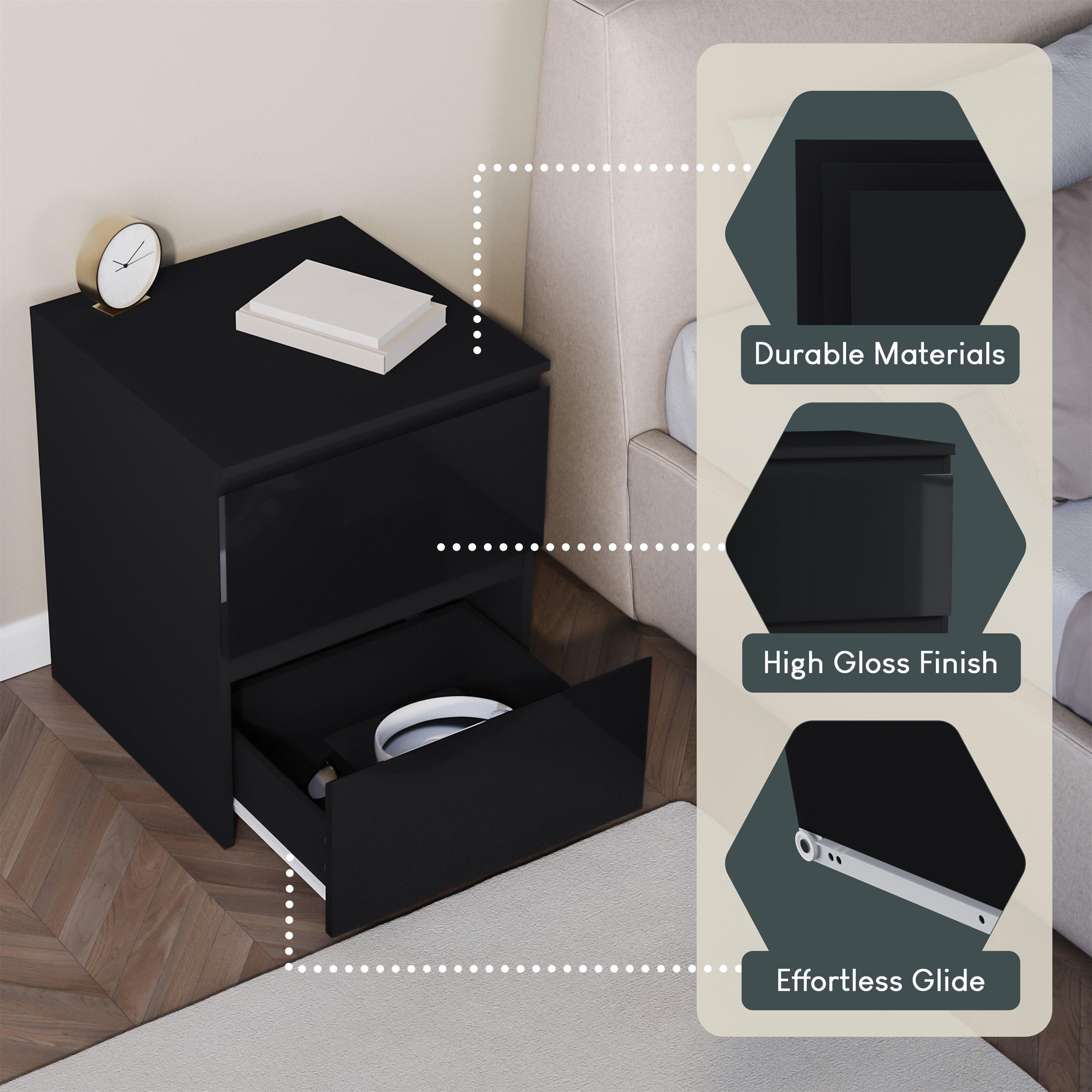 Black - Lassic - Glinton High Gloss 2 Drawer Bedside Table Chest - 7