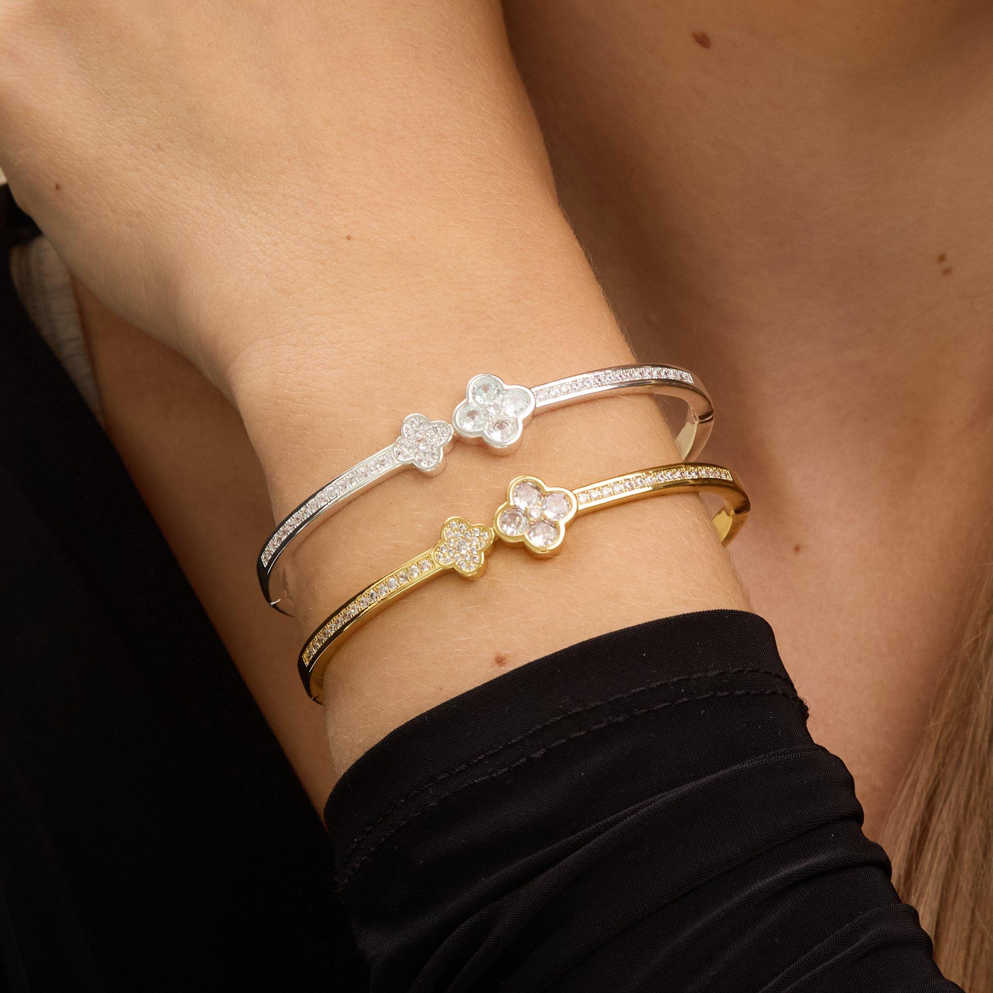 Silver - Jon Richard - Jon Richard Rhodium Plated and Pave Clover Bangle - 2