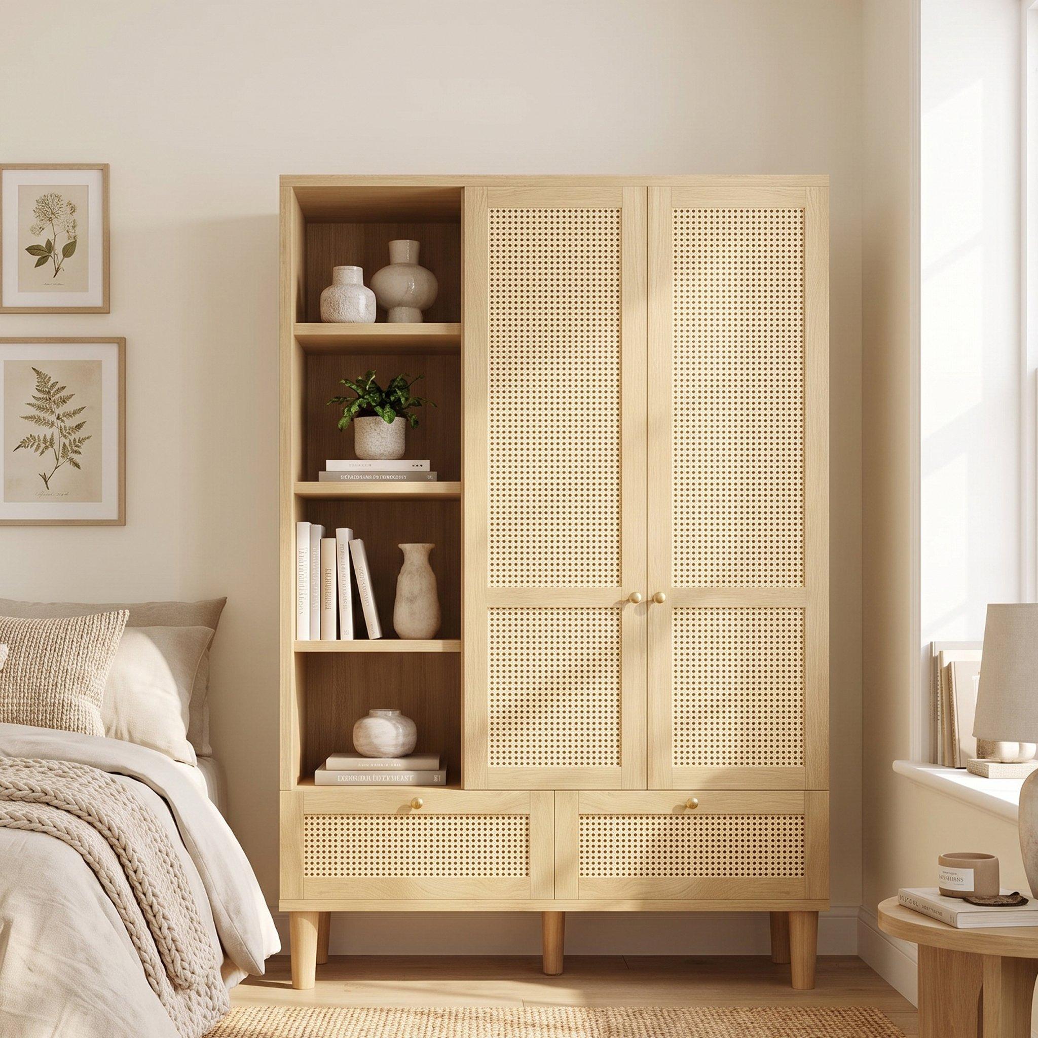 Oak - Urban Meuble - 2-Door Rattan Wardrobe with Drawers - 1