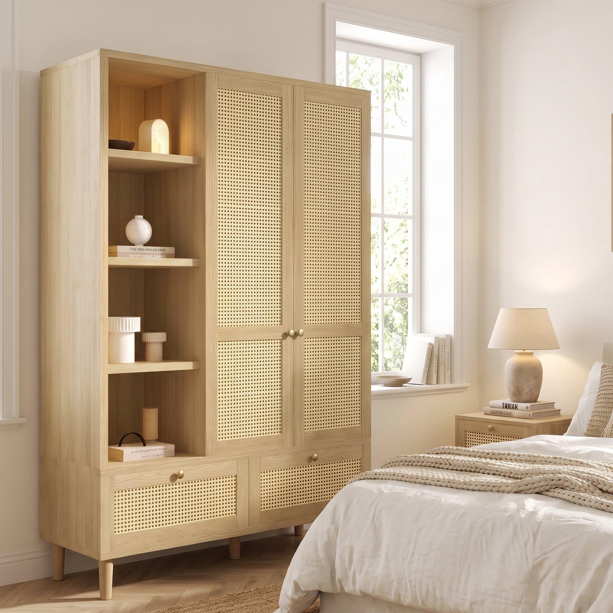Oak - Urban Meuble - 2-Door Rattan Wardrobe with Drawers - 2
