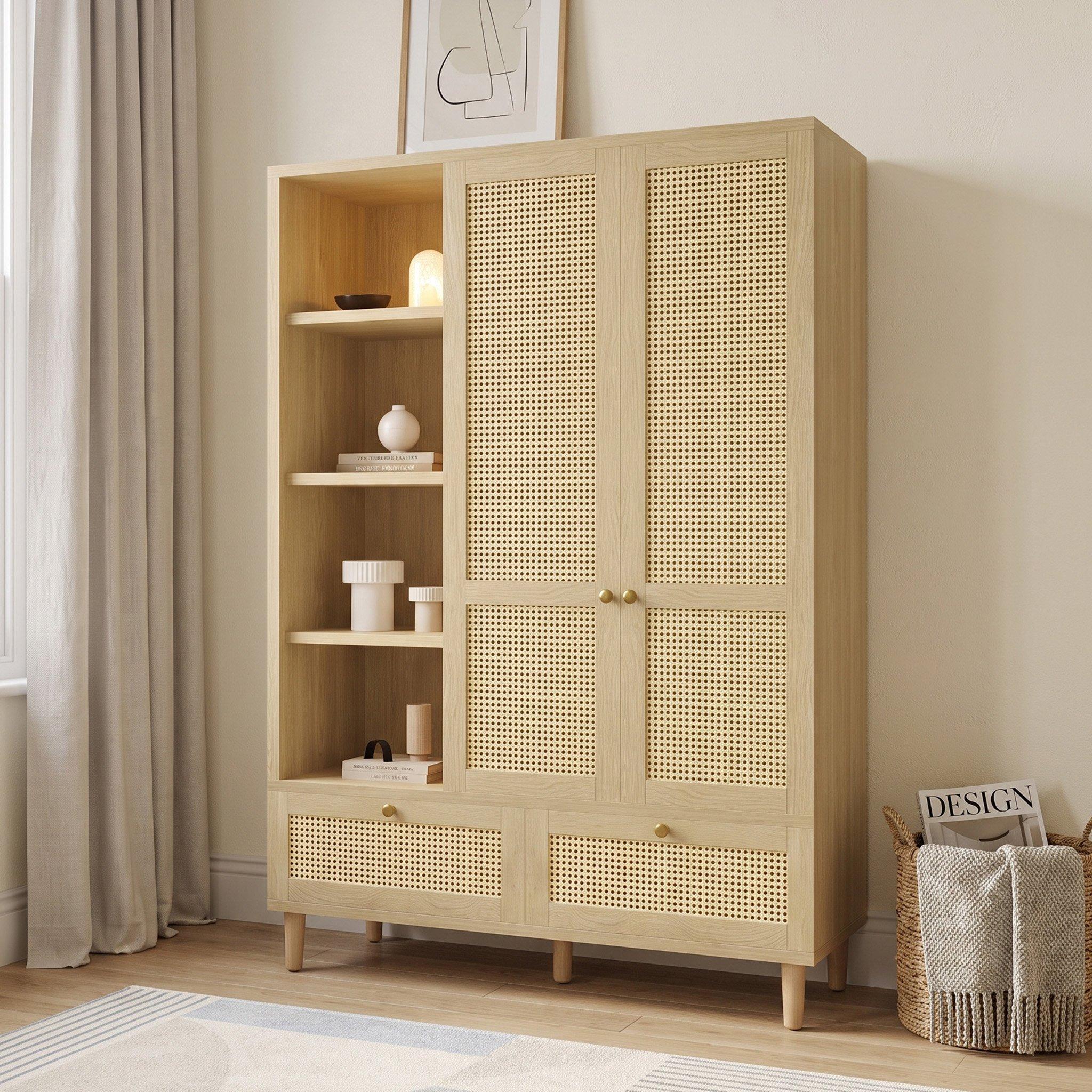 Oak - Urban Meuble - 2-Door Rattan Wardrobe with Drawers - 3