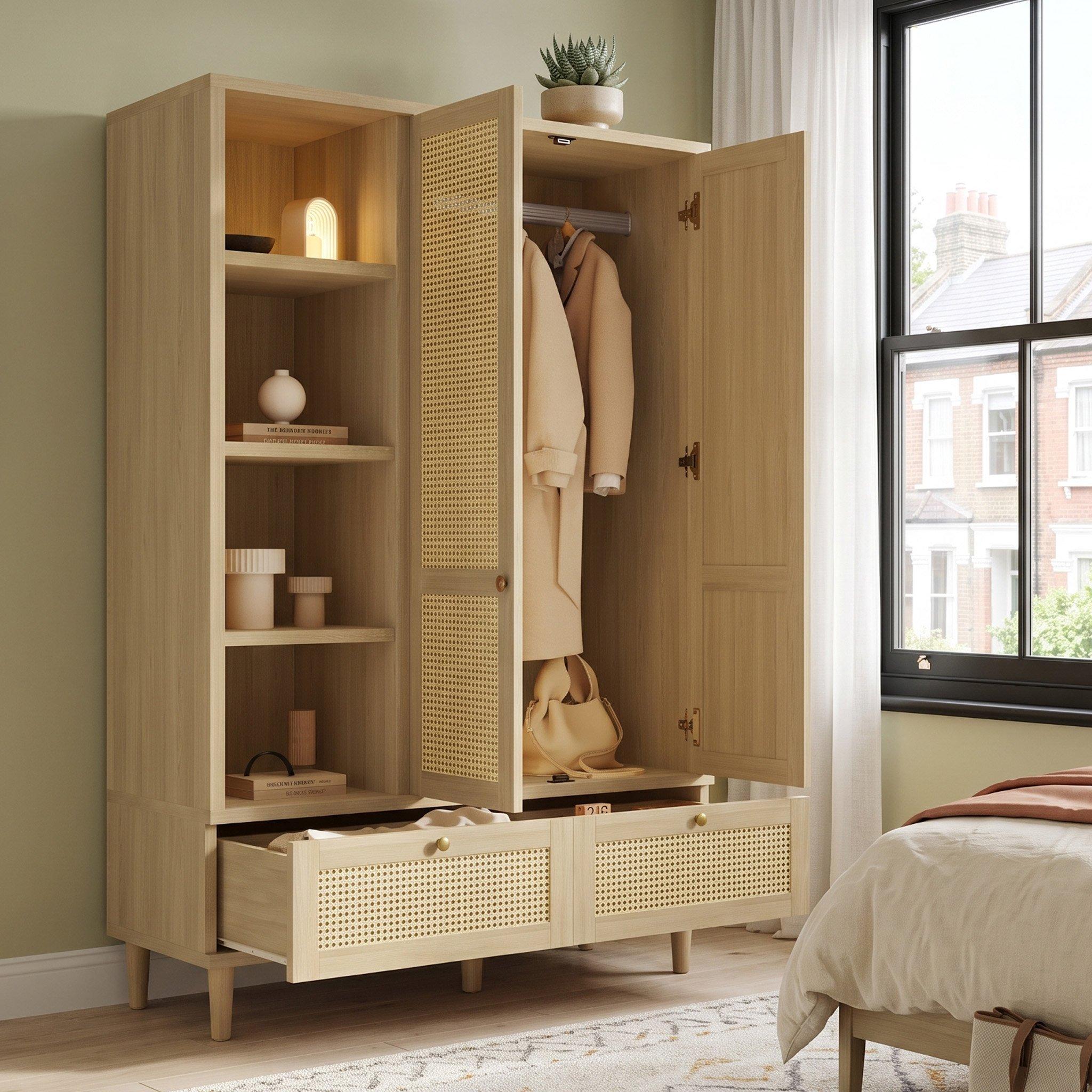 Oak - Urban Meuble - 2-Door Rattan Wardrobe with Drawers - 4