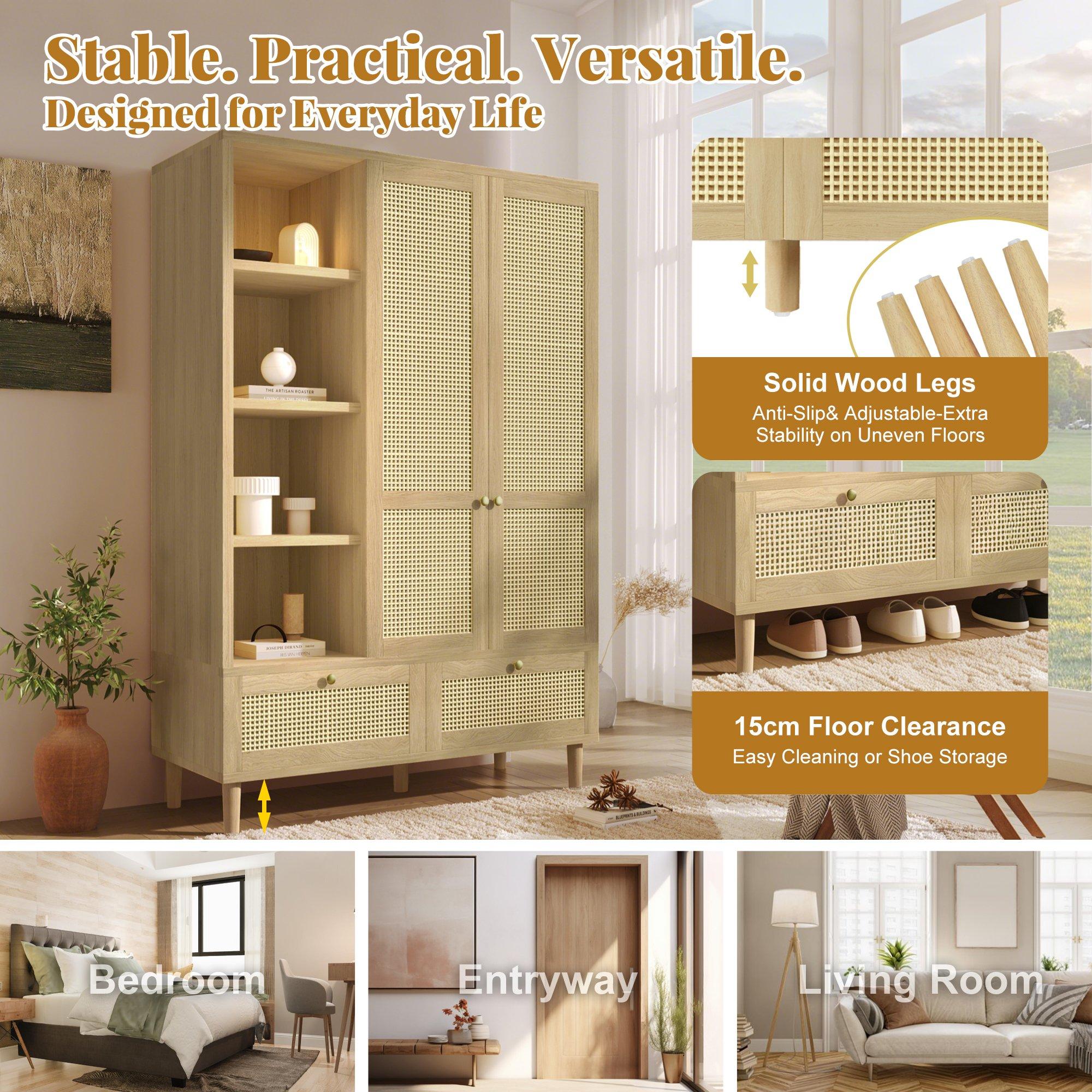 Oak - Urban Meuble - 2-Door Rattan Wardrobe with Drawers - 7