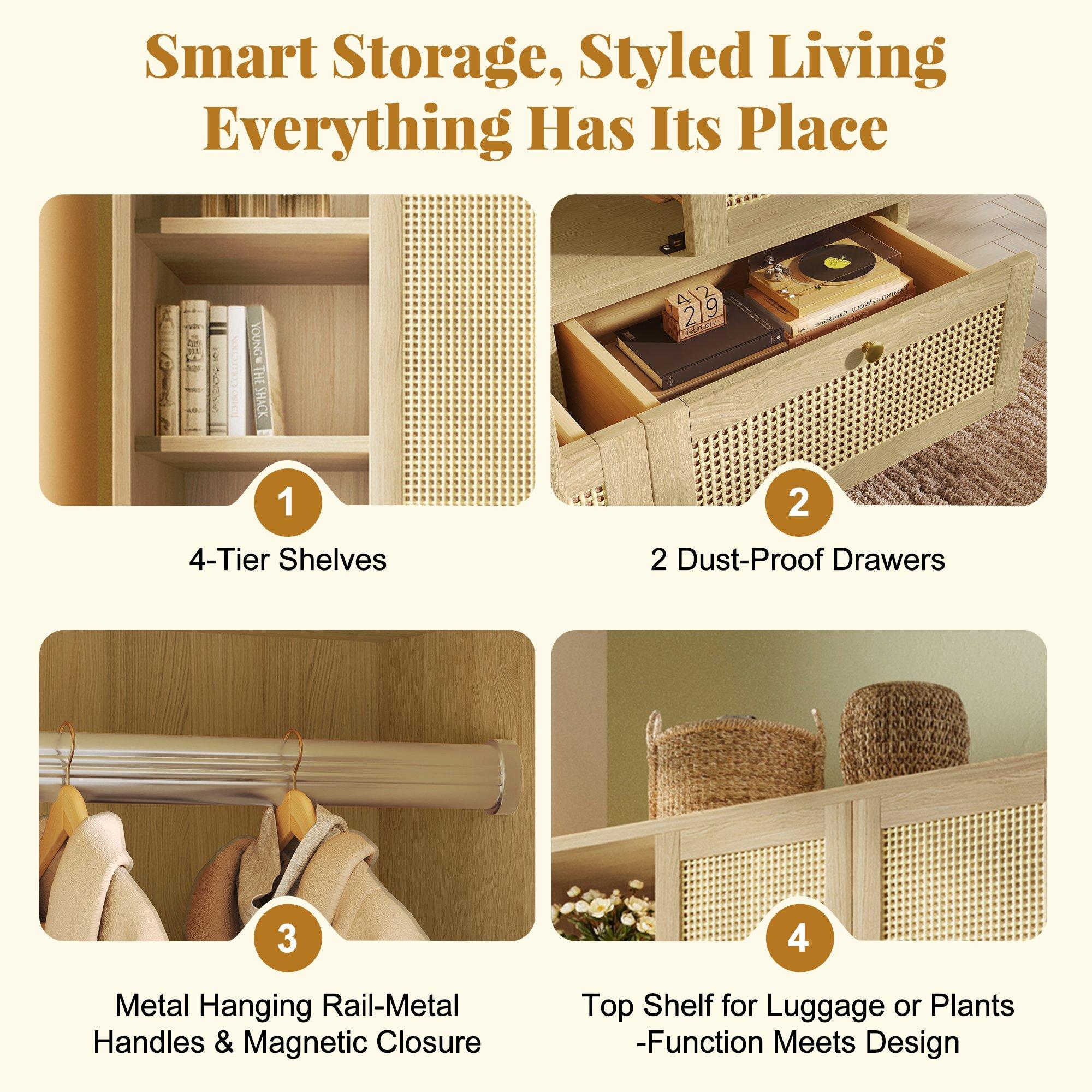 Oak - Urban Meuble - 2-Door Rattan Wardrobe with Drawers - 8