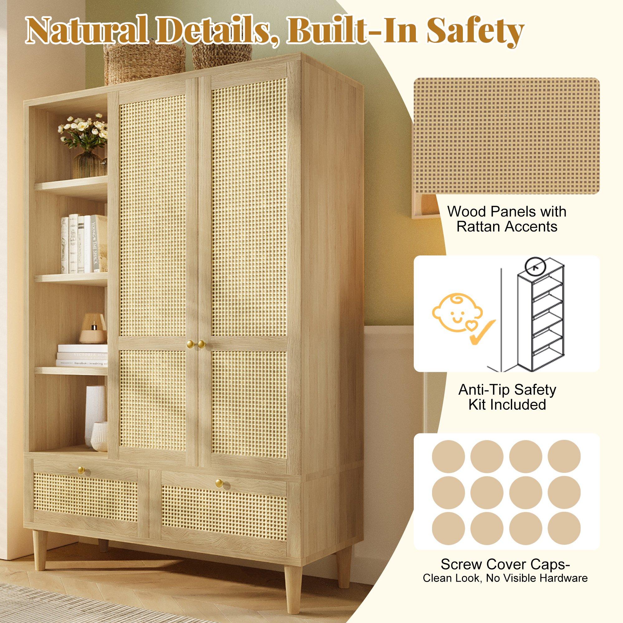 Oak - Urban Meuble - 2-Door Rattan Wardrobe with Drawers - 9