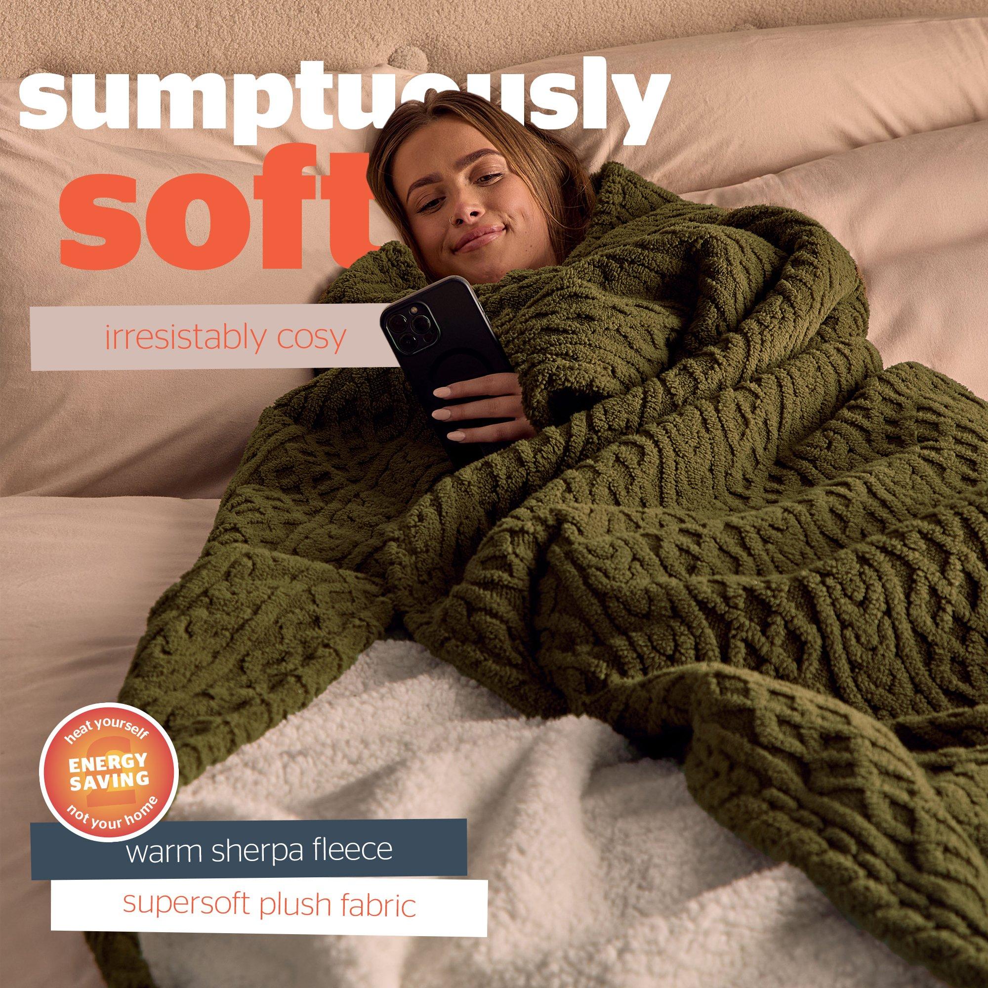 Olive - Silentnight - Heat Genie Self Heating Giant Cable Knit Blanket - 3