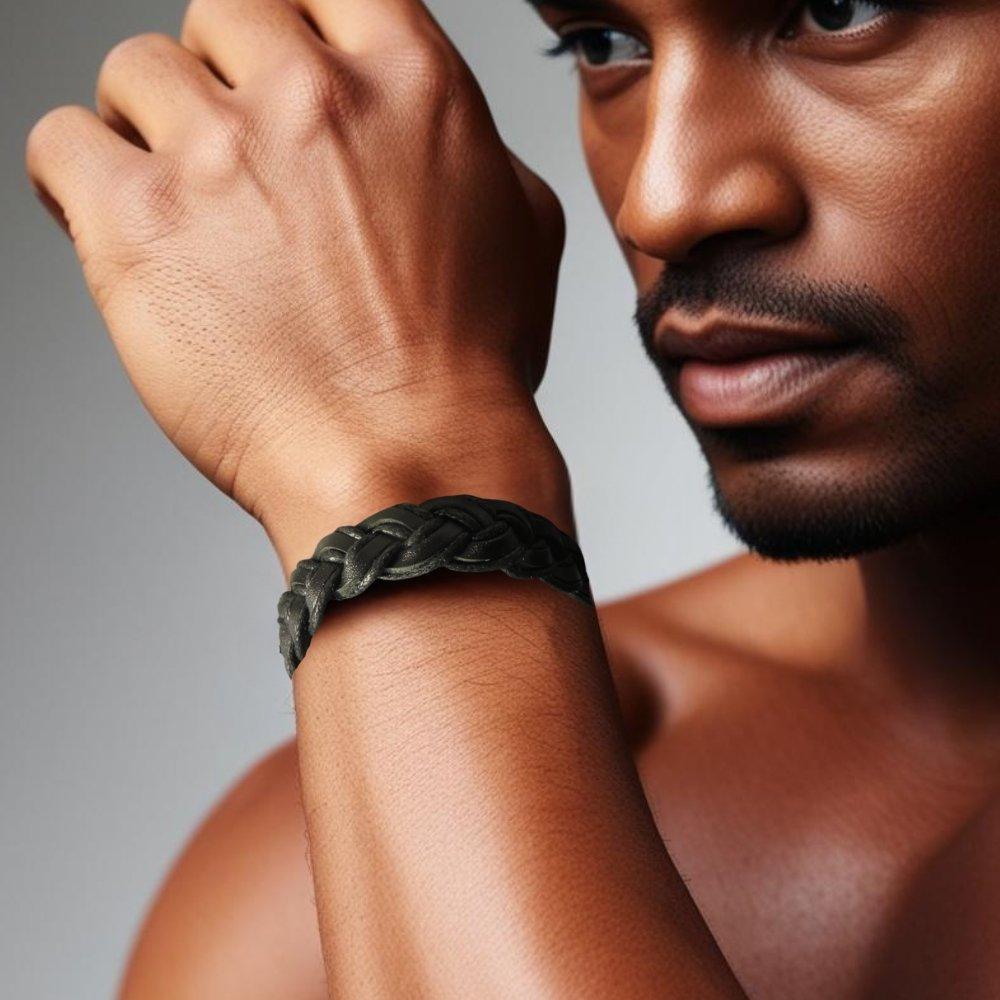 Black - Aye Do Gifts - Mens Black Pleated Real Leather Bracelet - 1