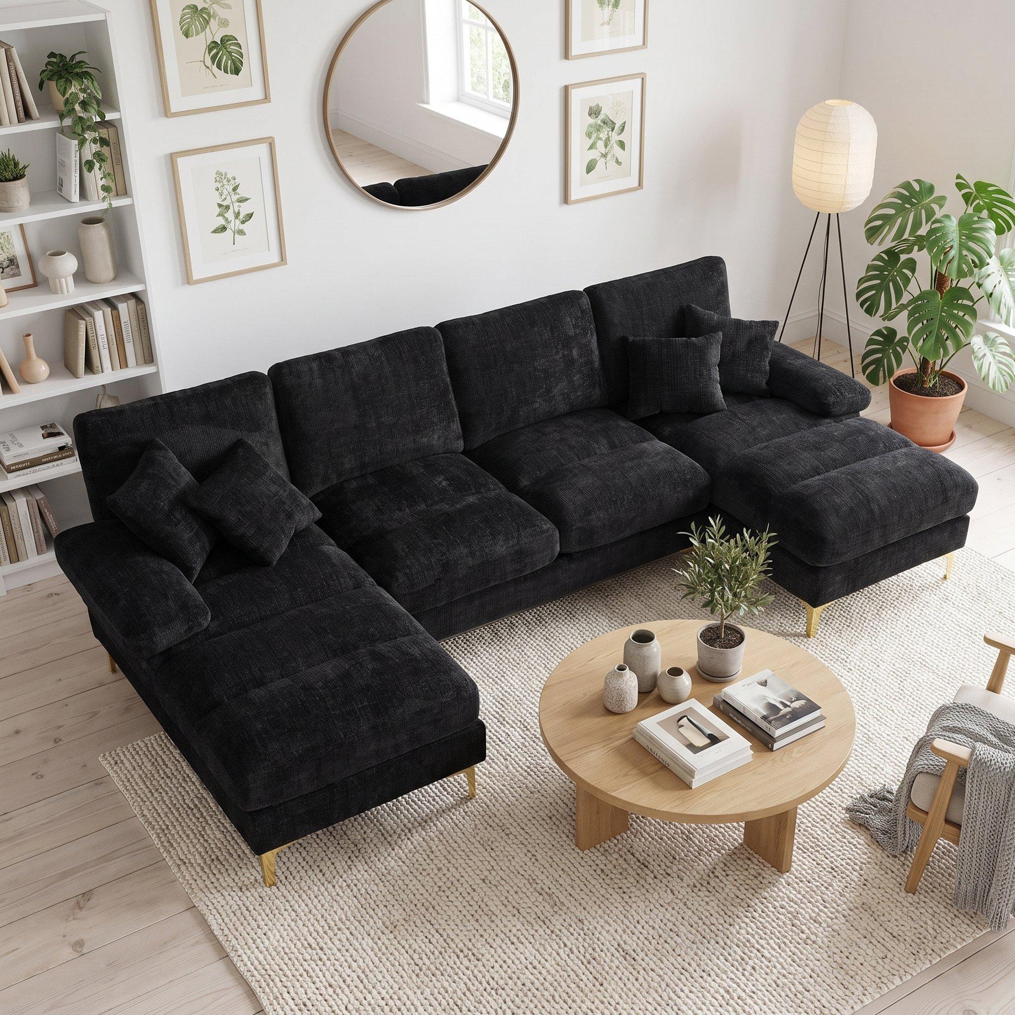 Black - Urban Meuble - U-Shaped Chenille Sectional Sofa Double Chaise - 1