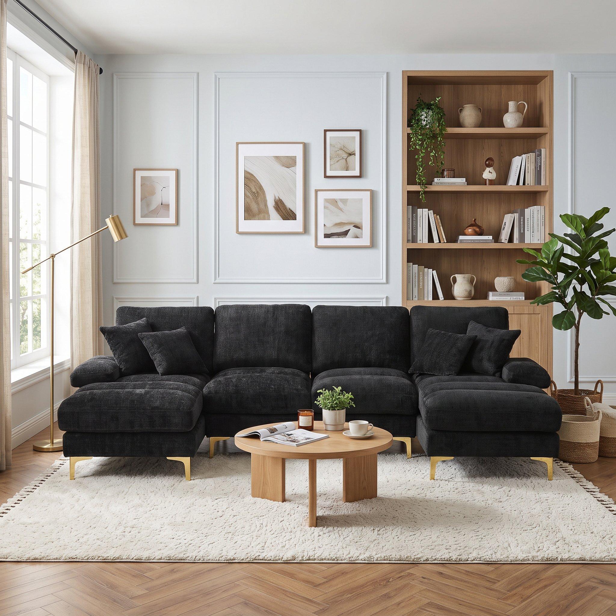 Black - Urban Meuble - U-Shaped Chenille Sectional Sofa Double Chaise - 2