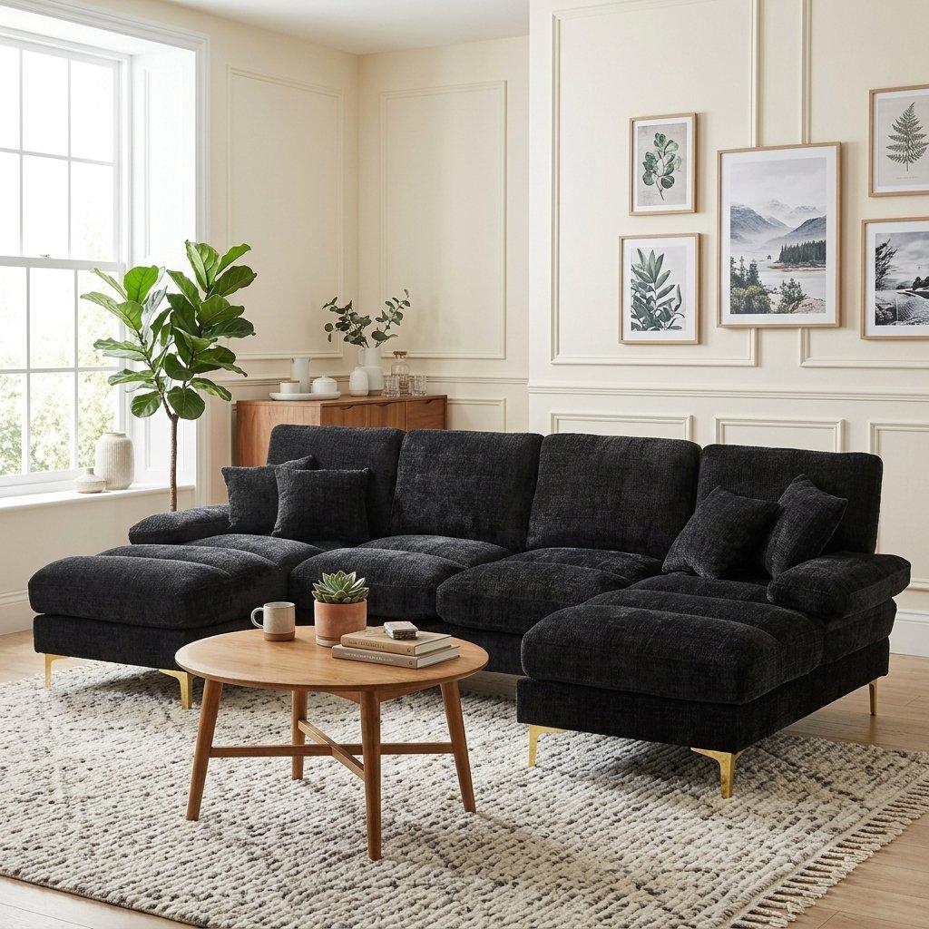Black - Urban Meuble - U-Shaped Chenille Sectional Sofa Double Chaise - 3