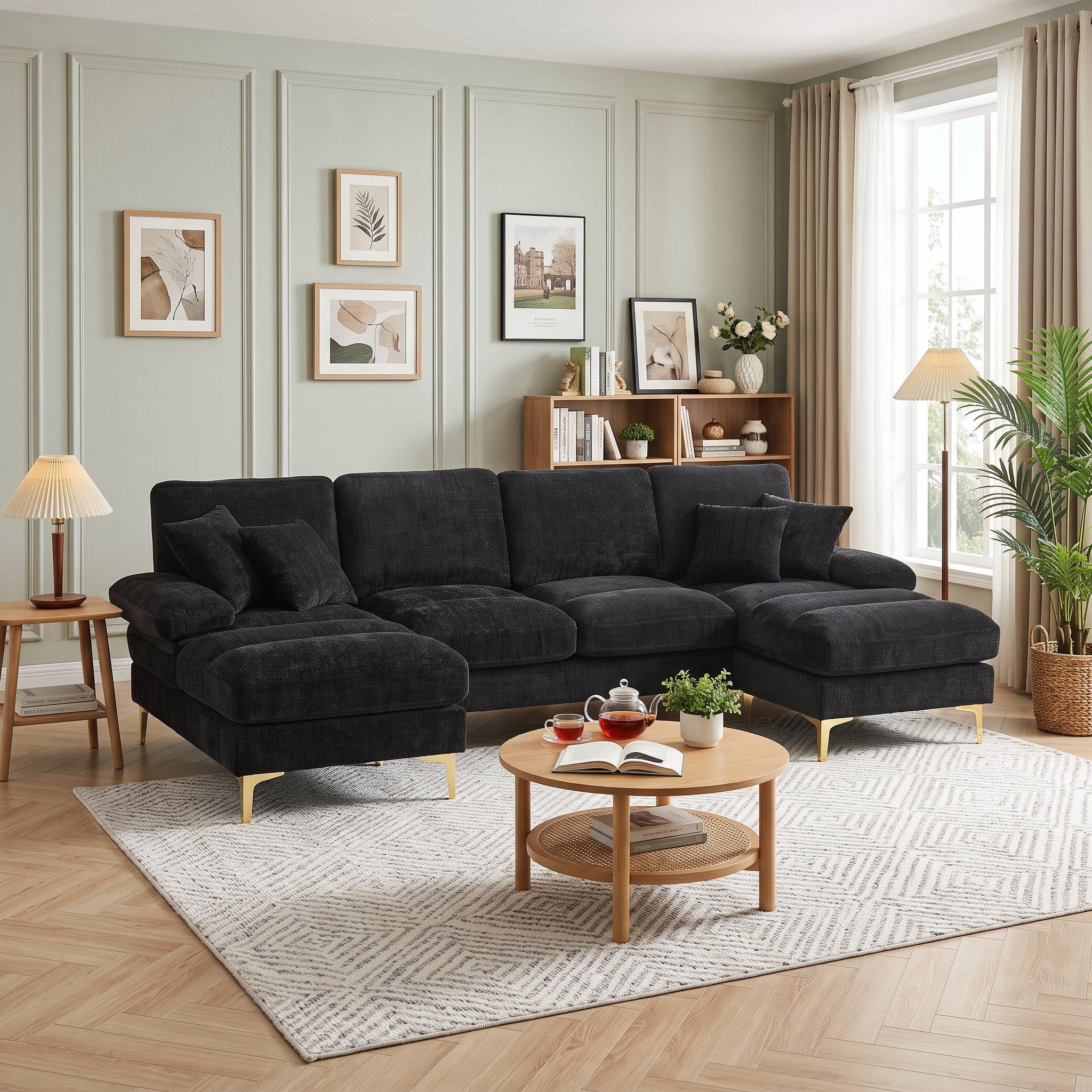 Black - Urban Meuble - U-Shaped Chenille Sectional Sofa Double Chaise - 4