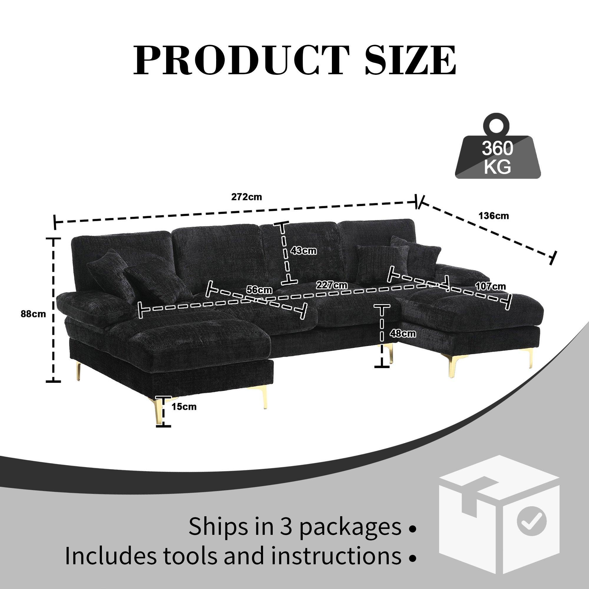 Black - Urban Meuble - U-Shaped Chenille Sectional Sofa Double Chaise - 6
