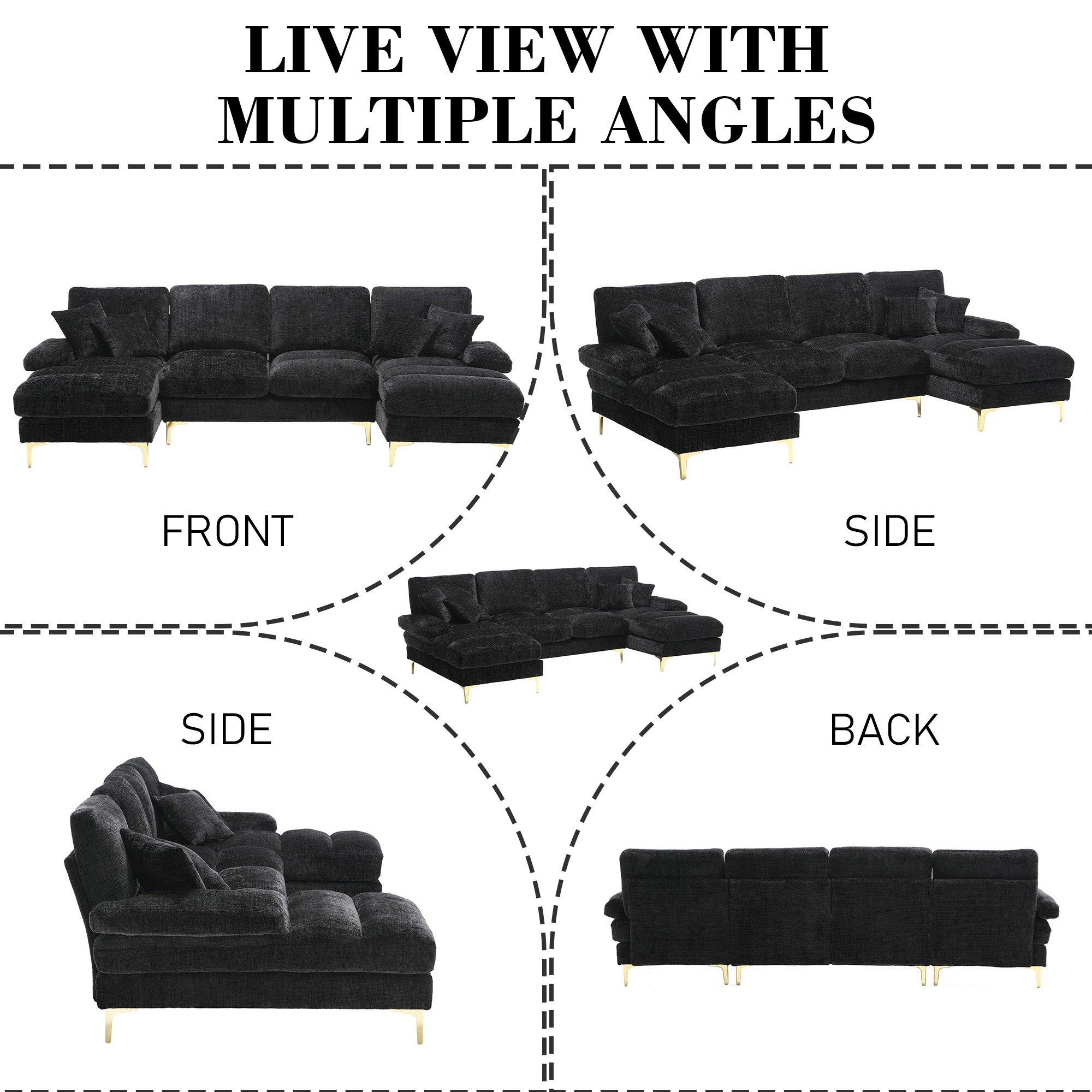 Black - Urban Meuble - U-Shaped Chenille Sectional Sofa Double Chaise - 7