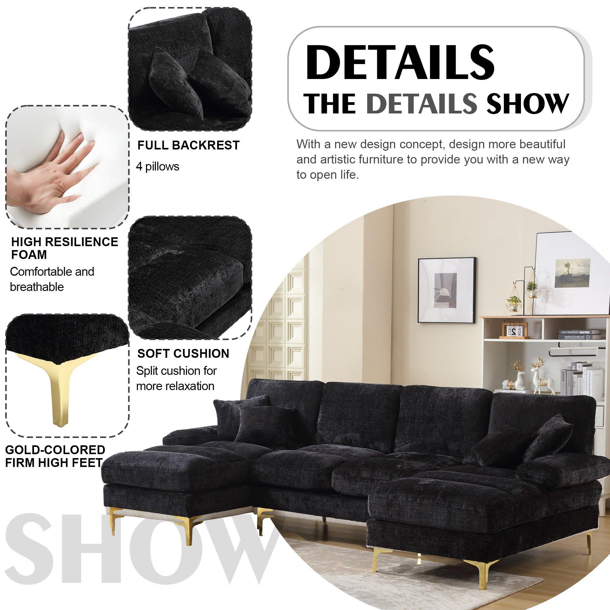 Black - Urban Meuble - U-Shaped Chenille Sectional Sofa Double Chaise - 9