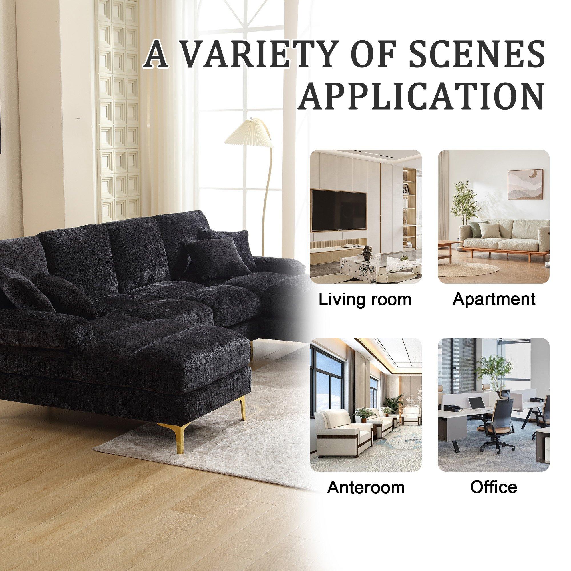Black - Urban Meuble - U-Shaped Chenille Sectional Sofa Double Chaise - 10