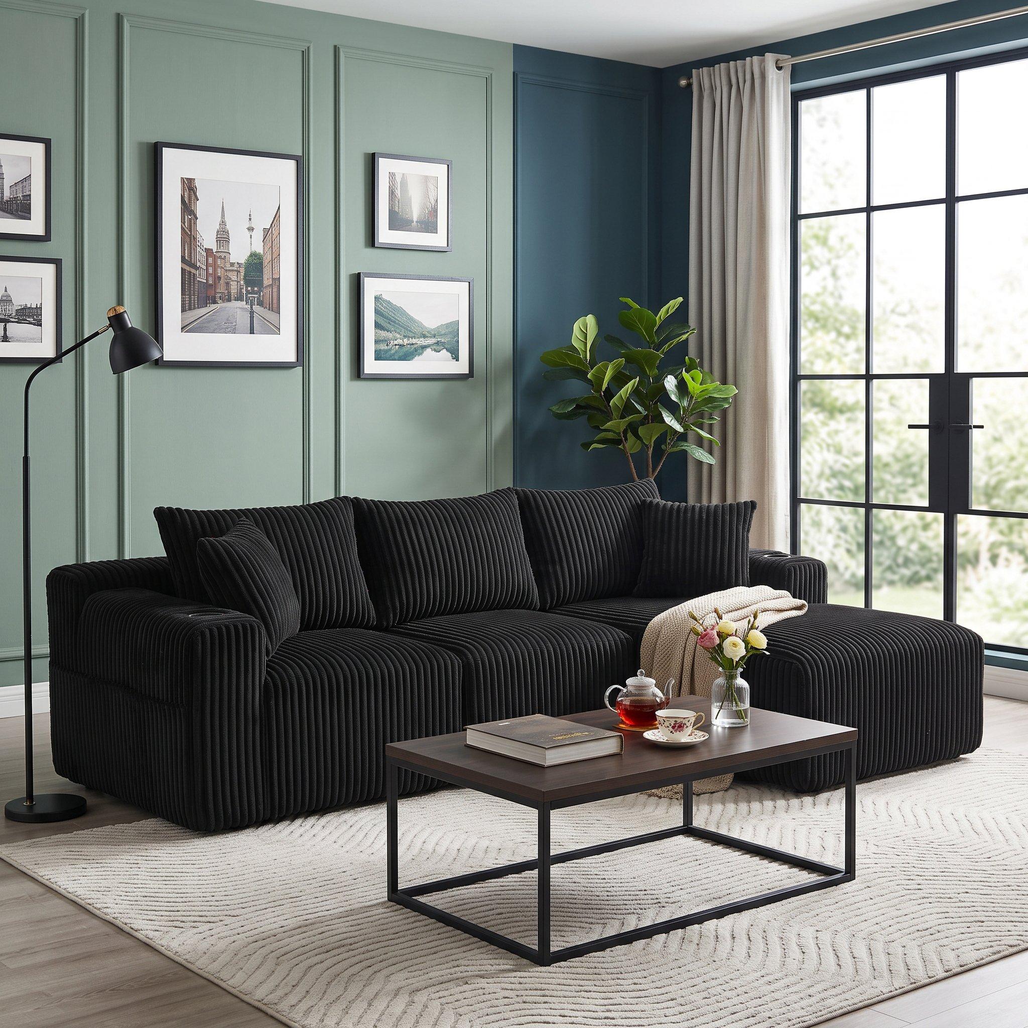 Black - Urban Meuble - Corduroy L-Shaped Modular Sectional Sofa - 1