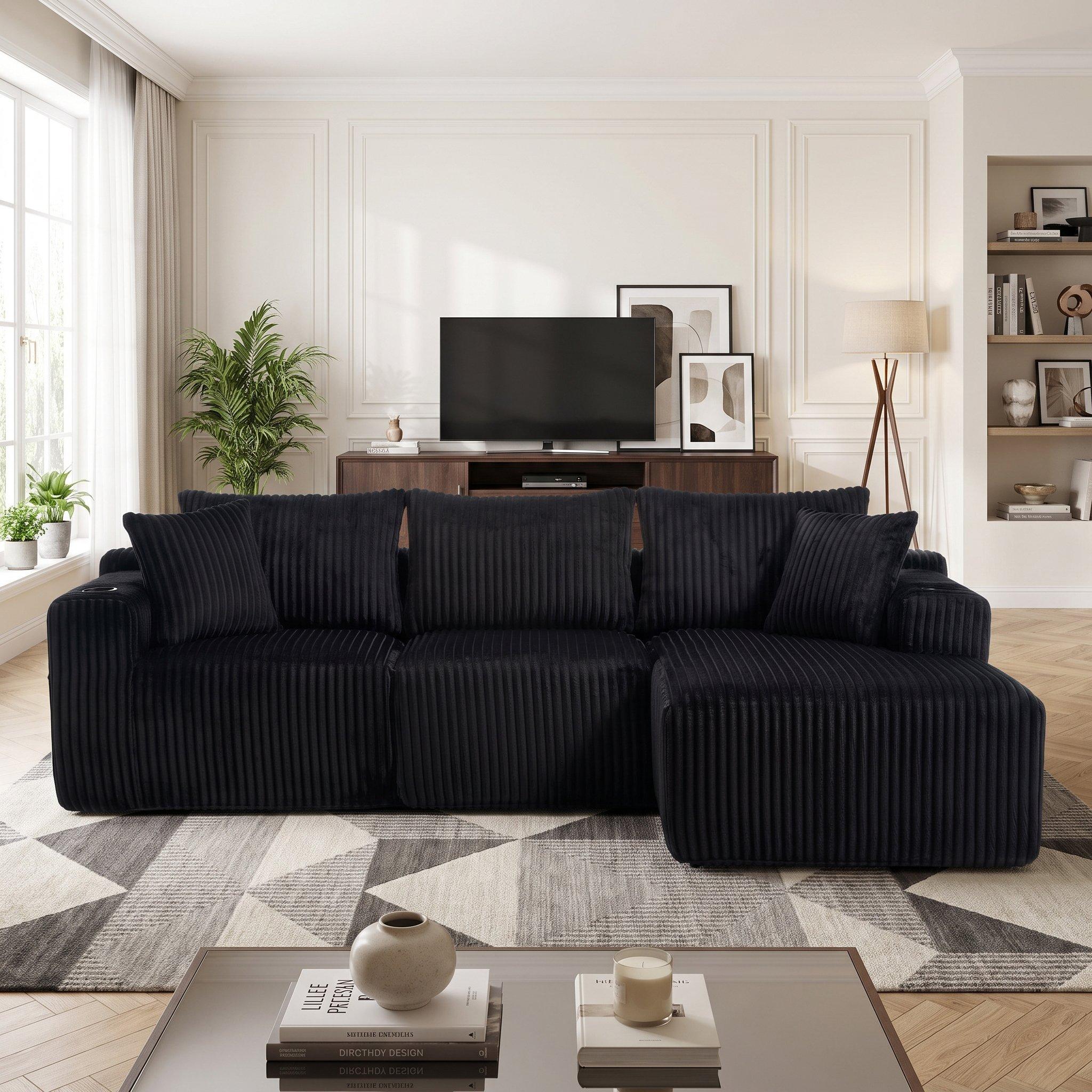Black - Urban Meuble - Corduroy L-Shaped Modular Sectional Sofa - 2