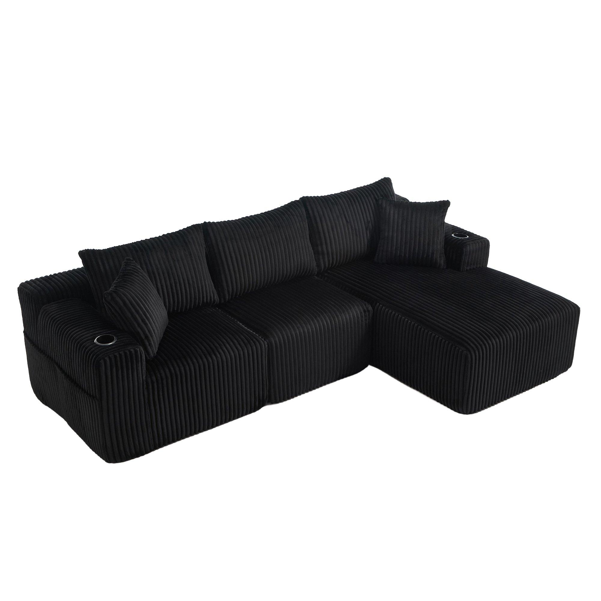 Black - Urban Meuble - Corduroy L-Shaped Modular Sectional Sofa - 12