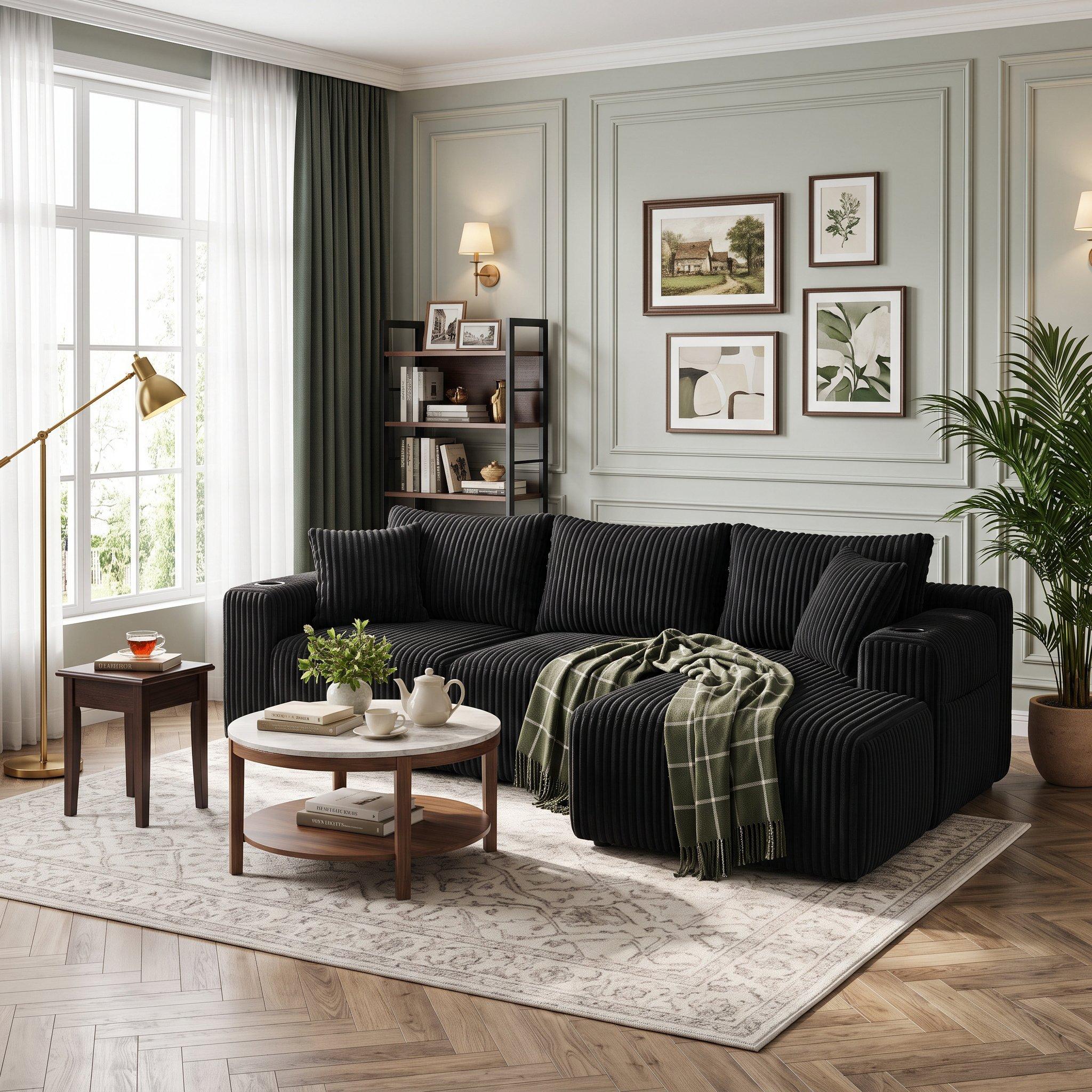 Black - Urban Meuble - Corduroy L-Shaped Modular Sectional Sofa - 3