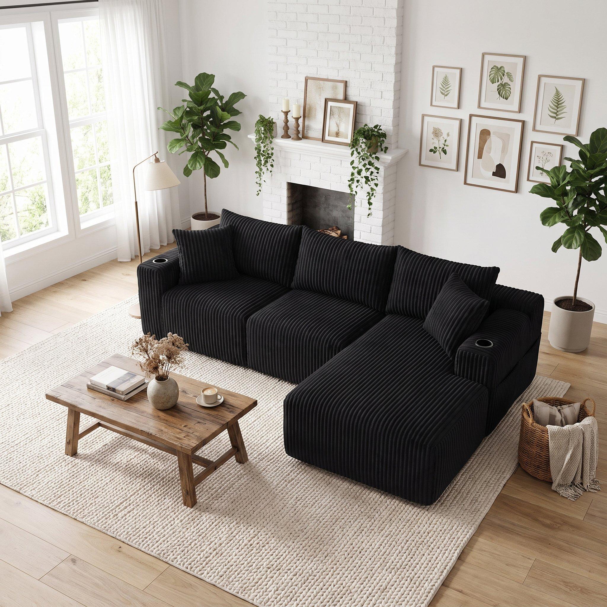 Black - Urban Meuble - Corduroy L-Shaped Modular Sectional Sofa - 4
