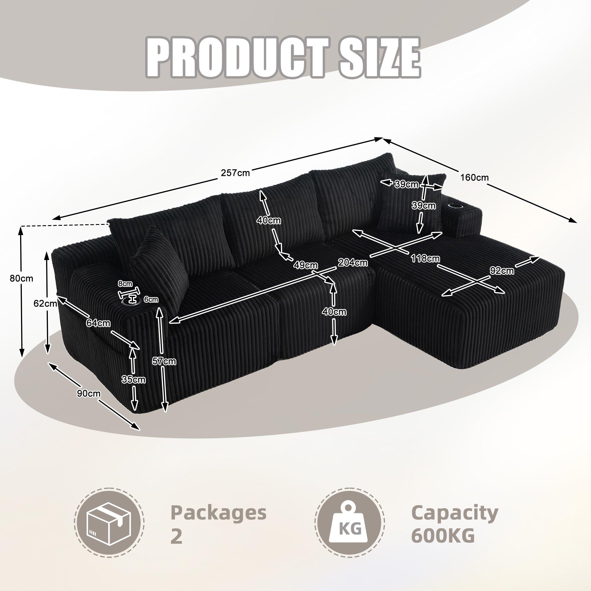 Black - Urban Meuble - Corduroy L-Shaped Modular Sectional Sofa - 6