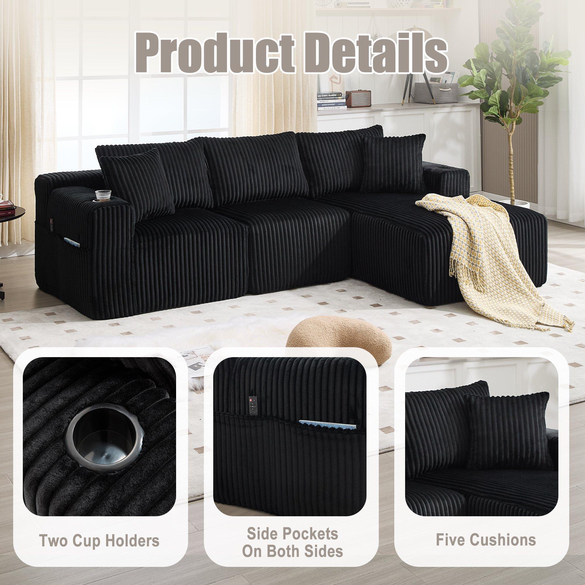 Black - Urban Meuble - Corduroy L-Shaped Modular Sectional Sofa - 8