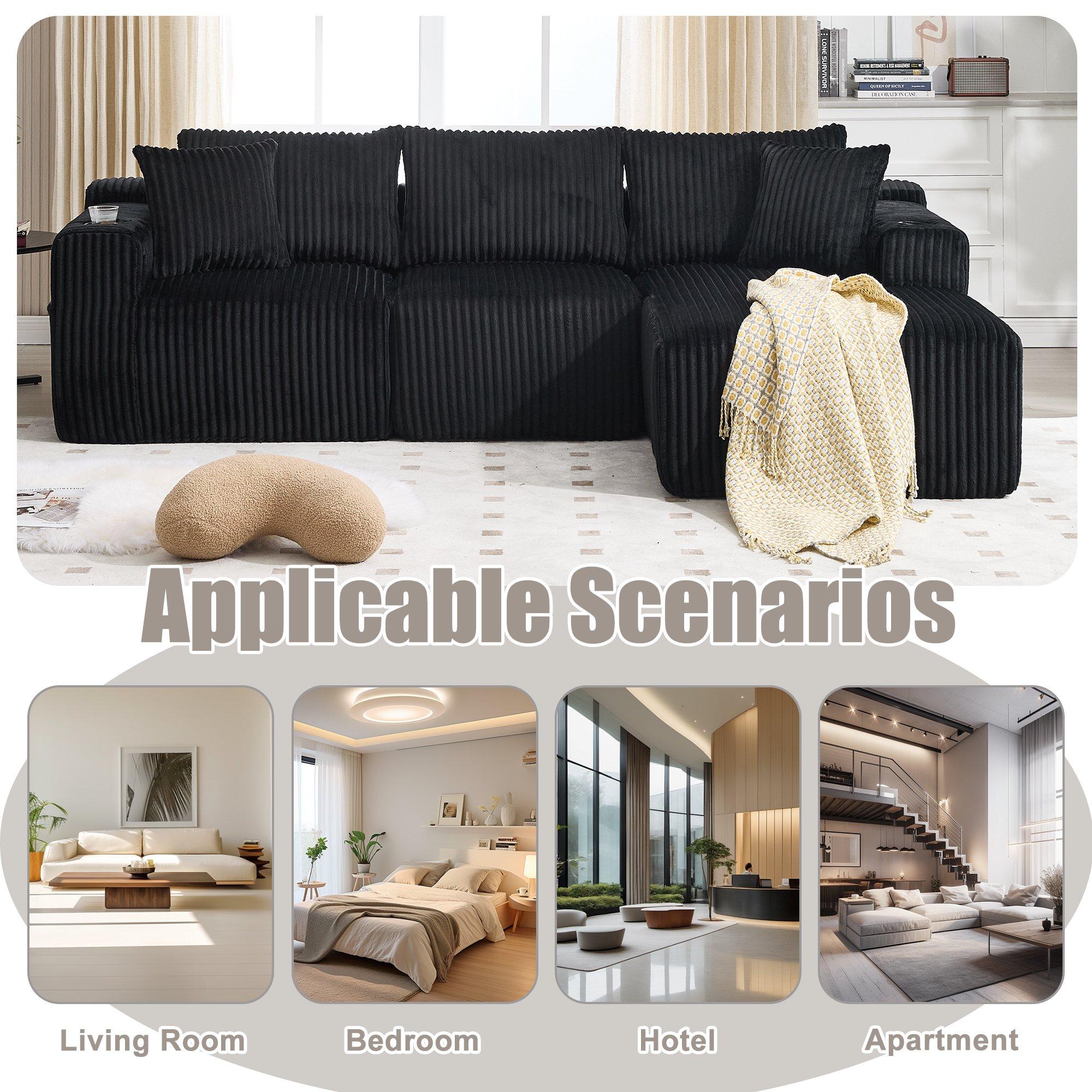 Black - Urban Meuble - Corduroy L-Shaped Modular Sectional Sofa - 9